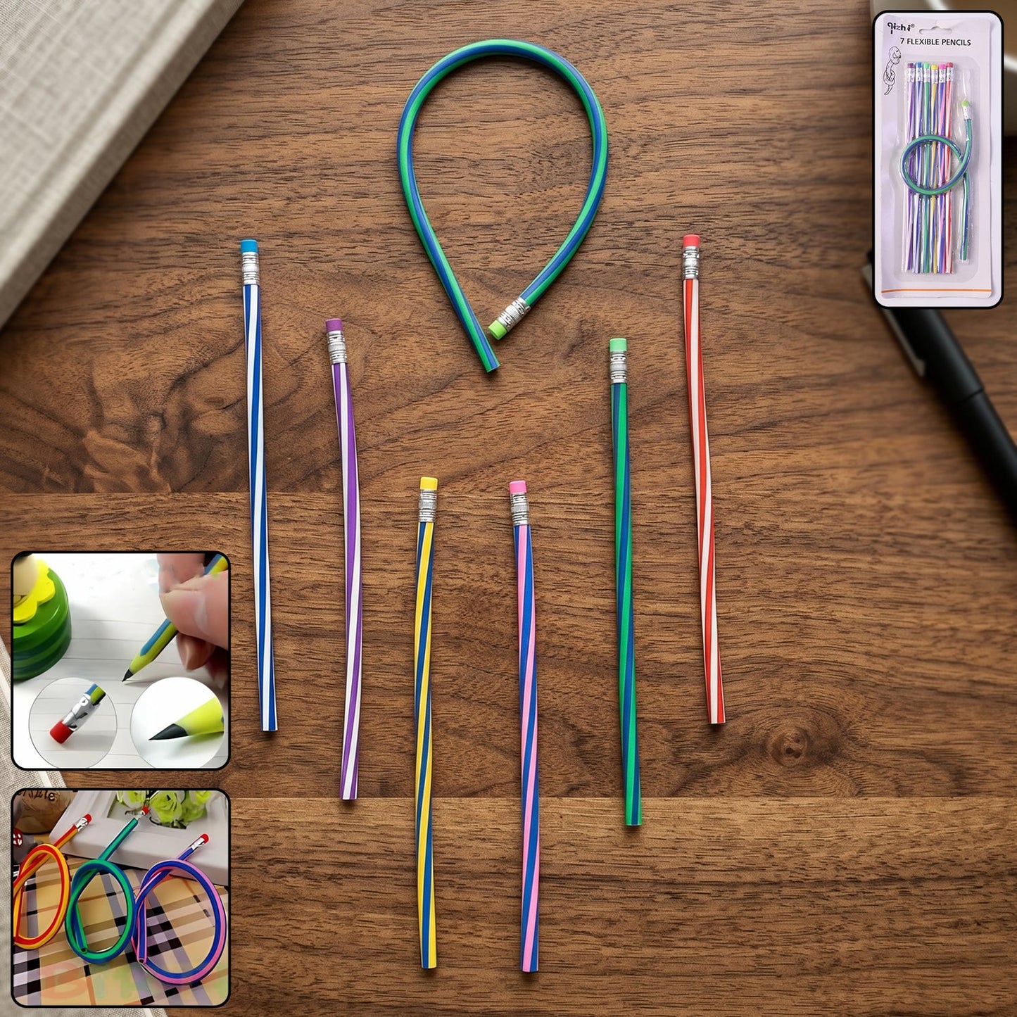 7 multicolored swirl design pencils with erasers
