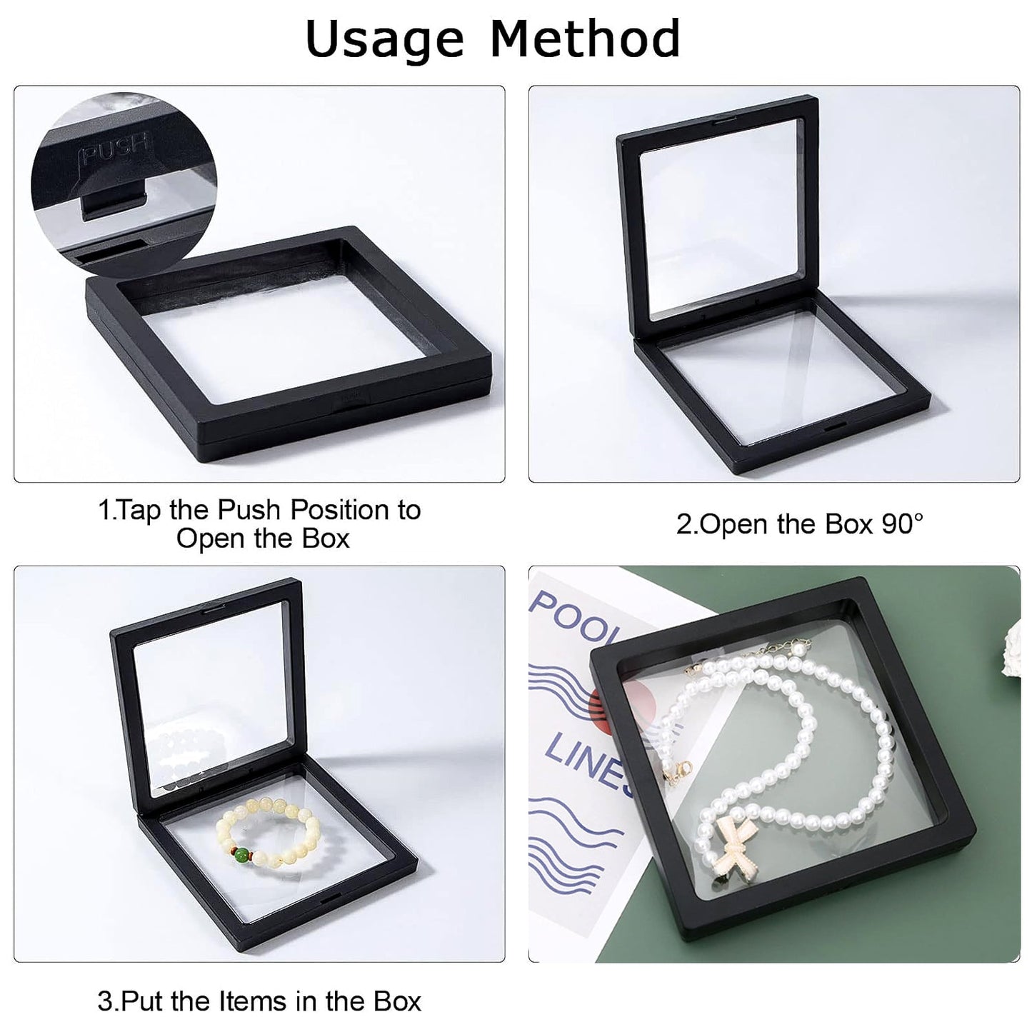 Clear floating jewellery display frame demonstrating magnetic lock