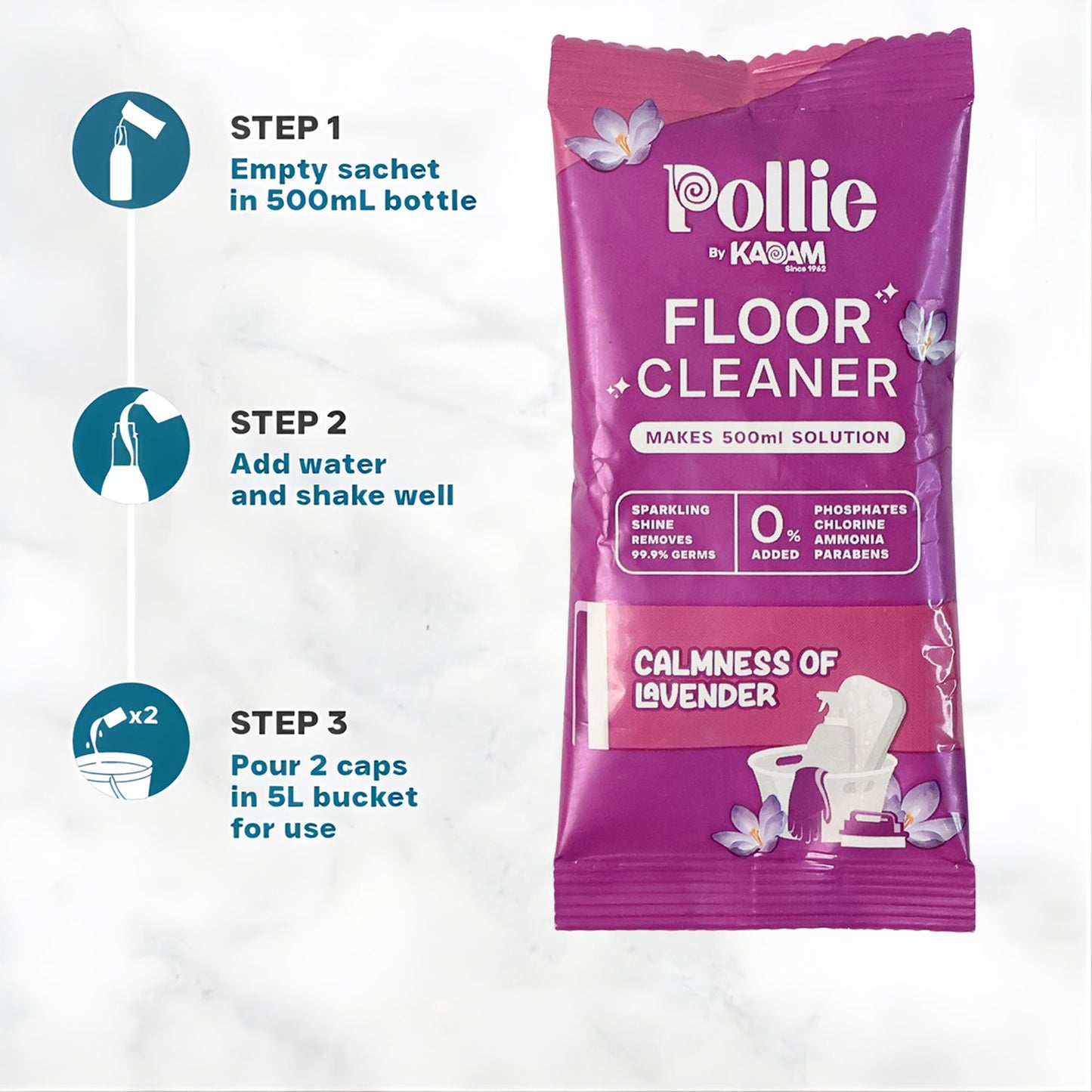 Lavender floor cleaner sachet dissolving instantly in water