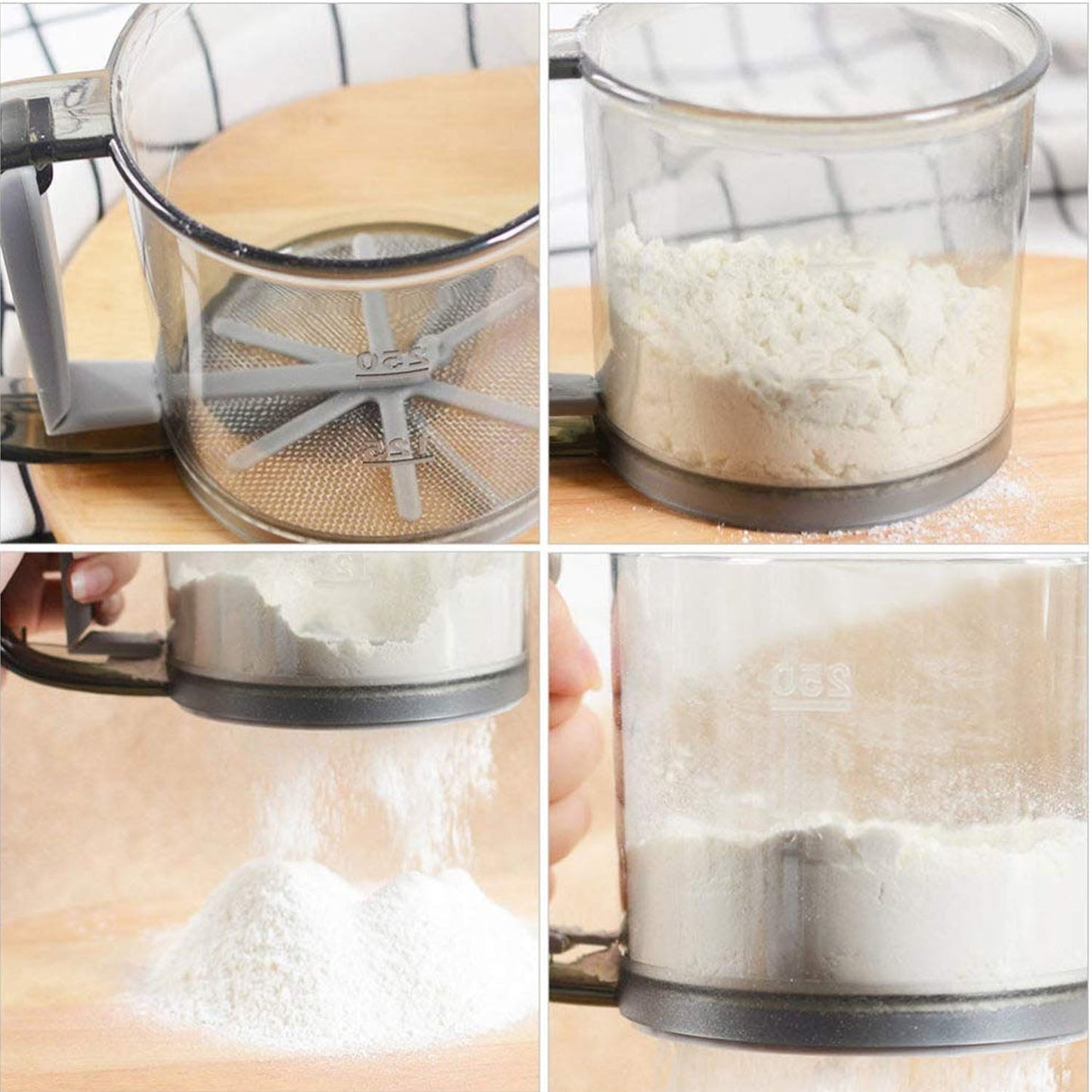 Kitchen flour filter cup with clear plastic body and mesh