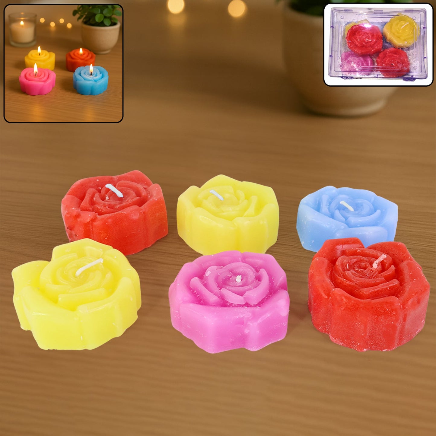 Set of six rose shaped wax candles in vibrant colors for home decoration
