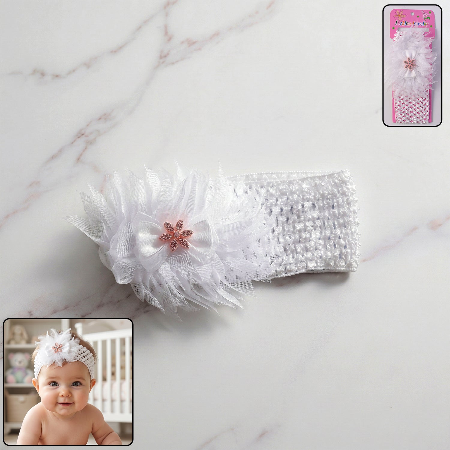 Baby wearing a soft elastic floral headband, showcasing style and comfort for infants