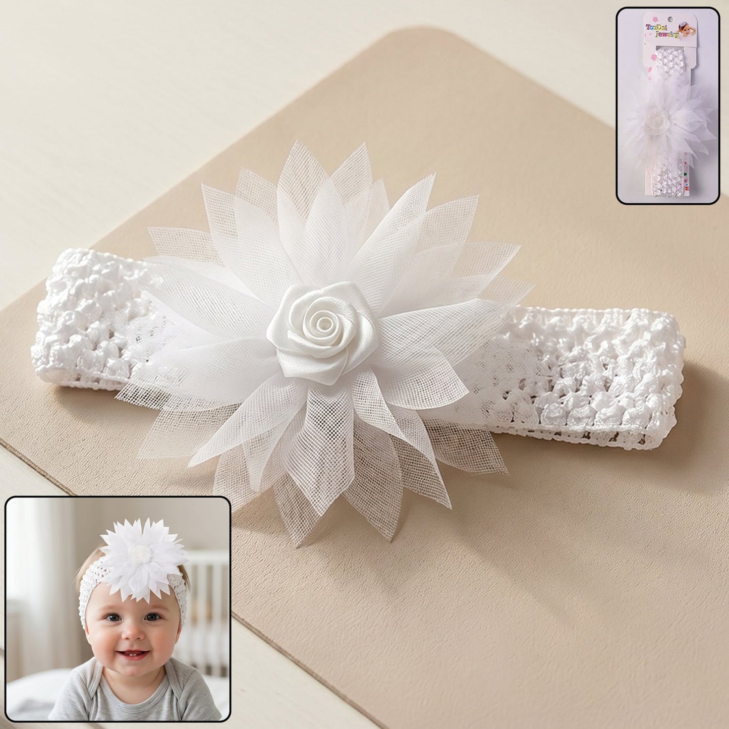 Cute floral baby headband with soft elastic band and stylish bow for infants