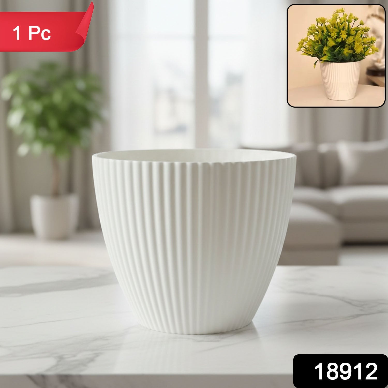 Close-up of white ribbed texture on modern flower pot
