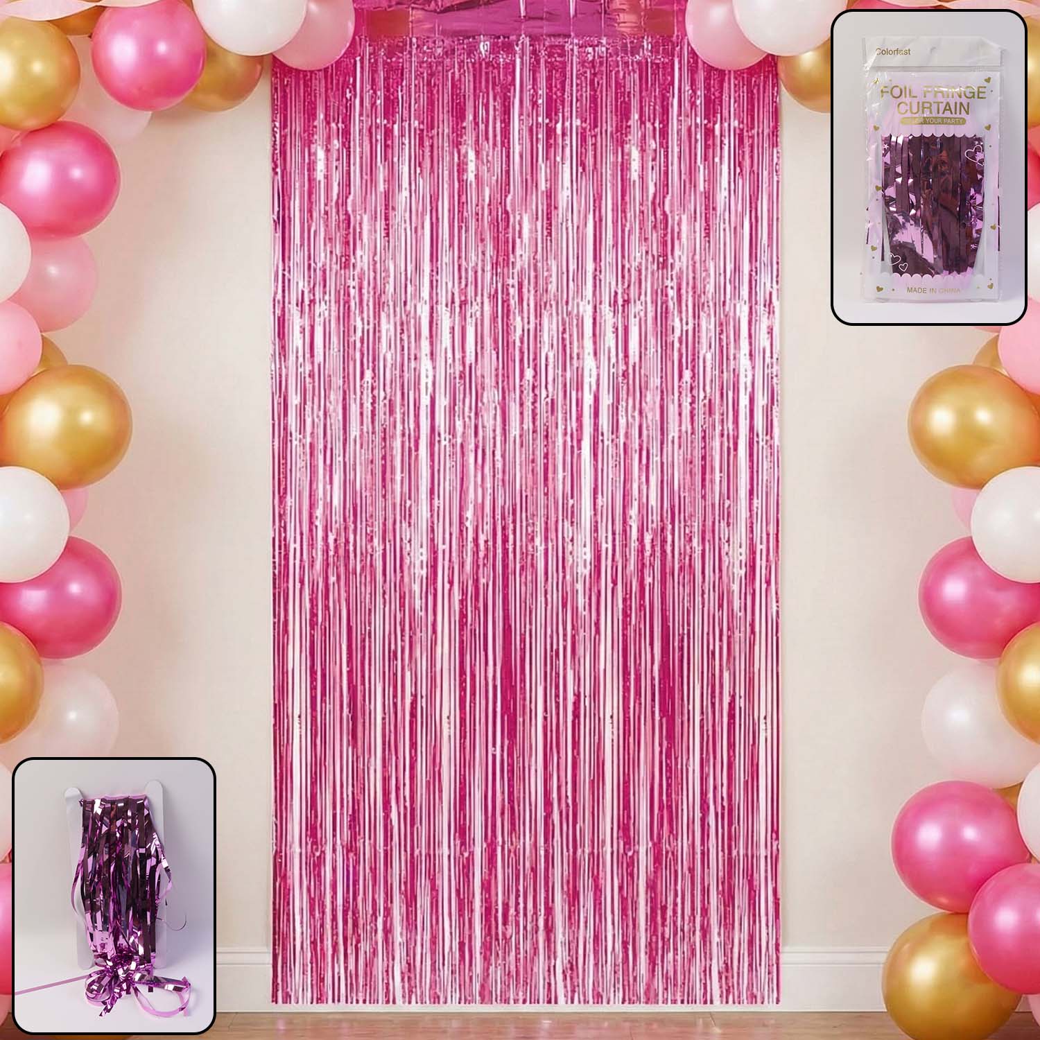 Shiny foil fringe curtain hanging from a doorway creating a metallic shimmer party backdrop.