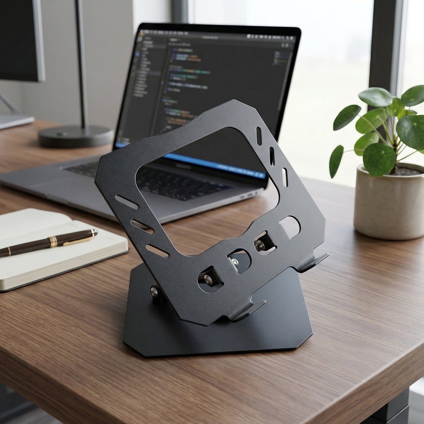 Angled view of foldable metal tablet stand