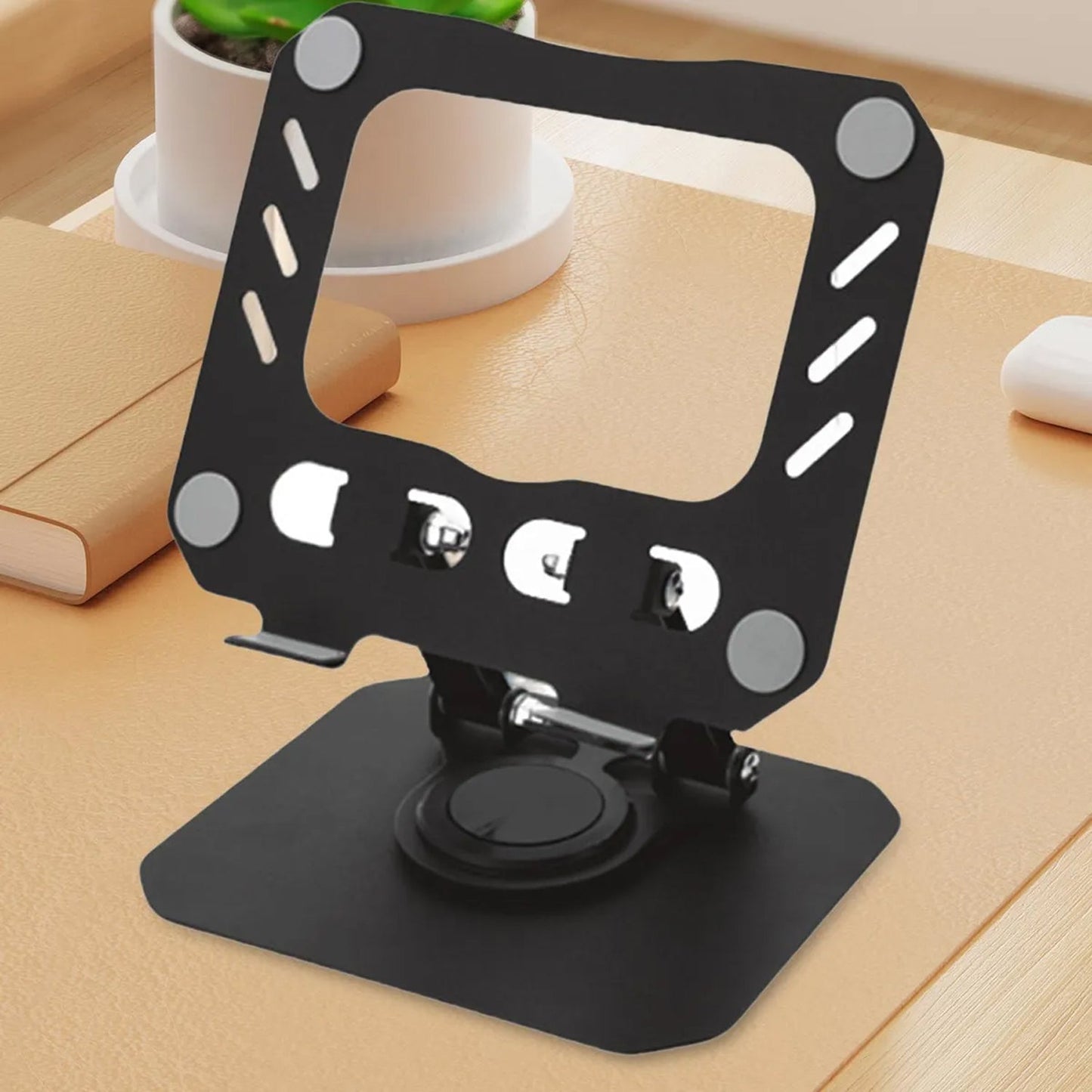 Side view of the foldable metal tablet stand