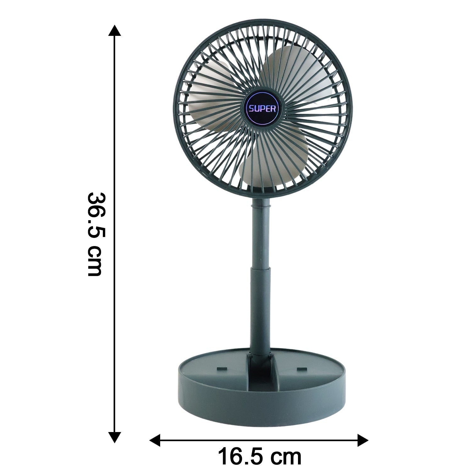 Compact foldable USB desk fan showing size comparison