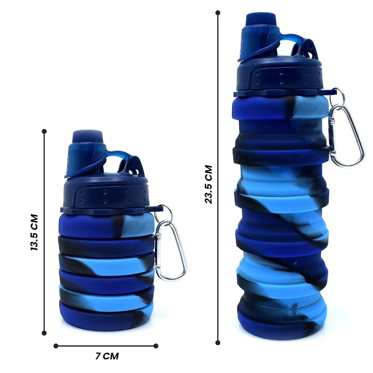 Size comparison image of collapsible silicone water bottle beside stationary items
