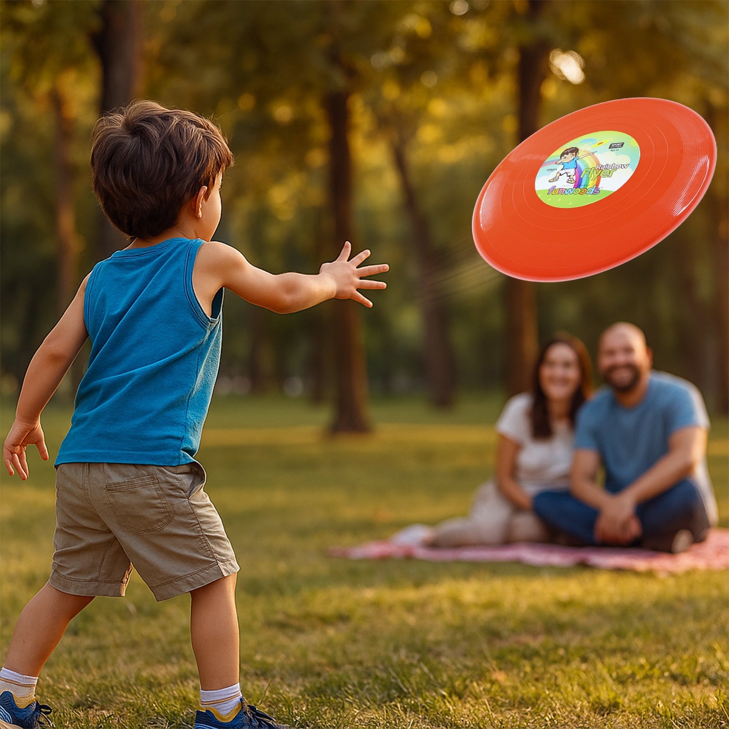 Child catching big outdoor flying disc frisbee during play