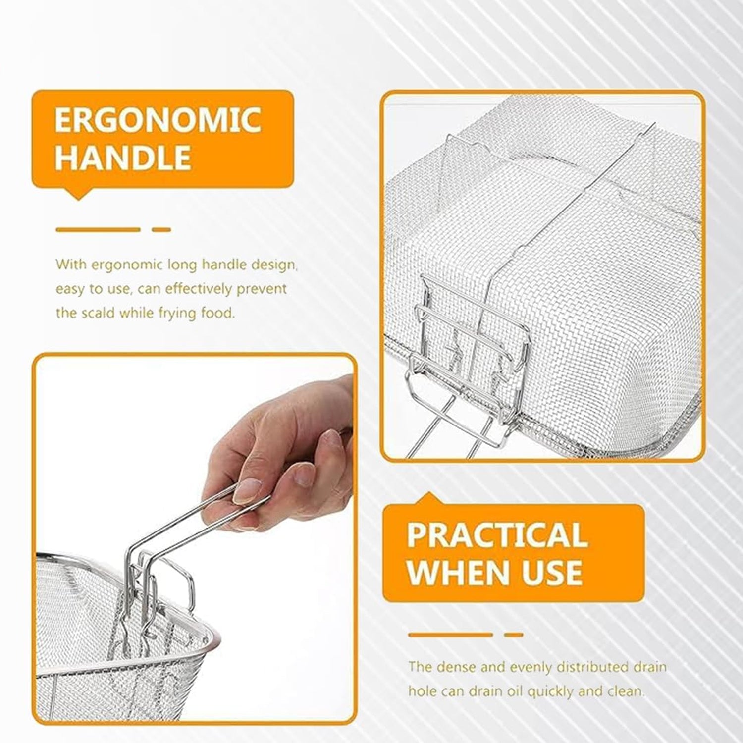 Oil draining stainless steel fryer basket with mesh