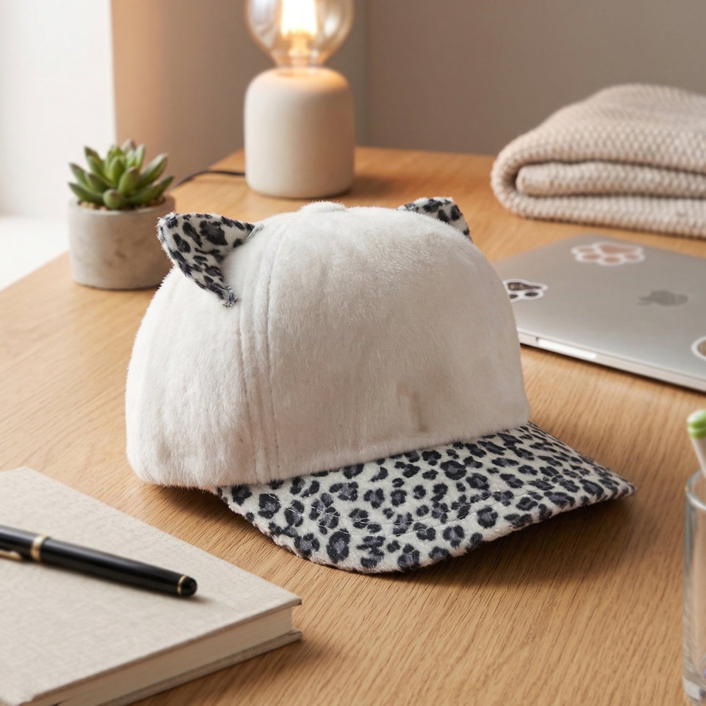 Cap with cat ears on white background, cozy winter headwear
