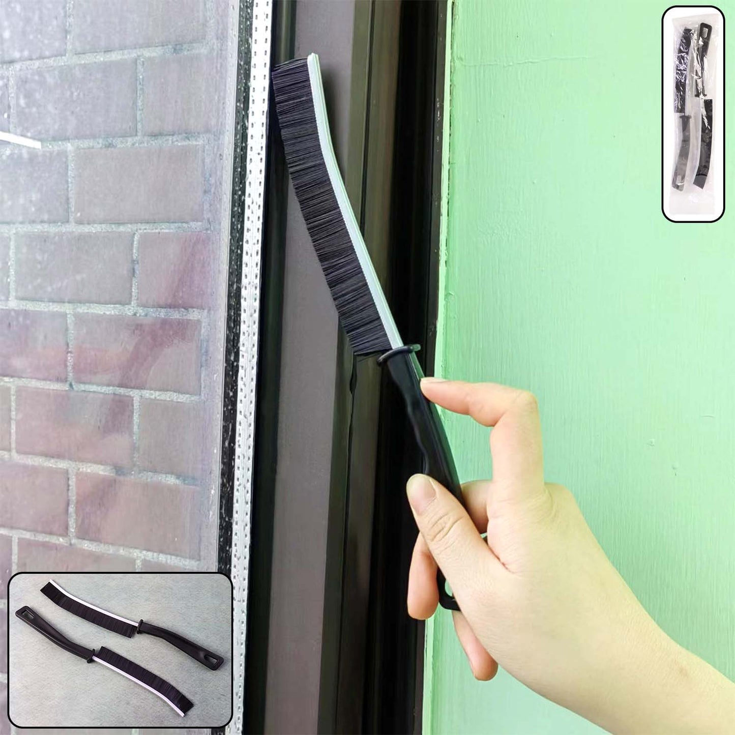 Two-piece corner cleaning brush set with long handles and stiff bristles