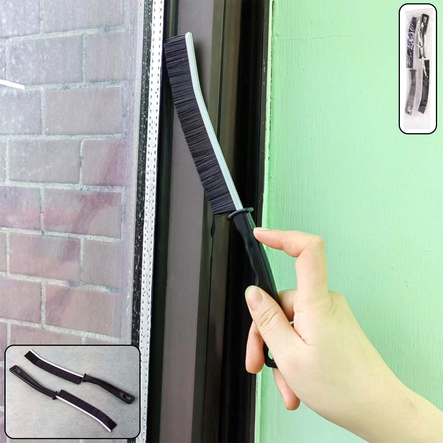 Two-piece corner cleaning brush set with long handles and stiff bristles