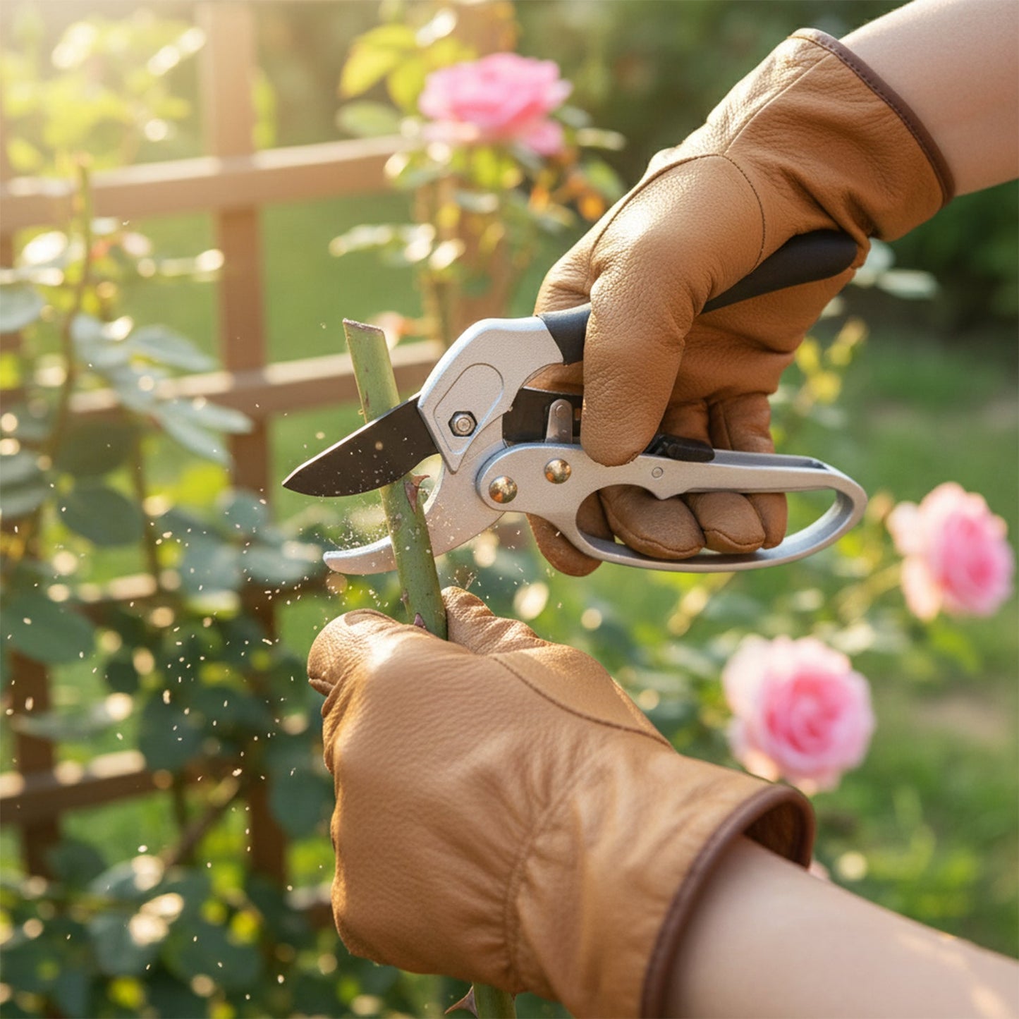 A gardener using ergonomic pruning shears to trim foliage, demonstrating ease of use.