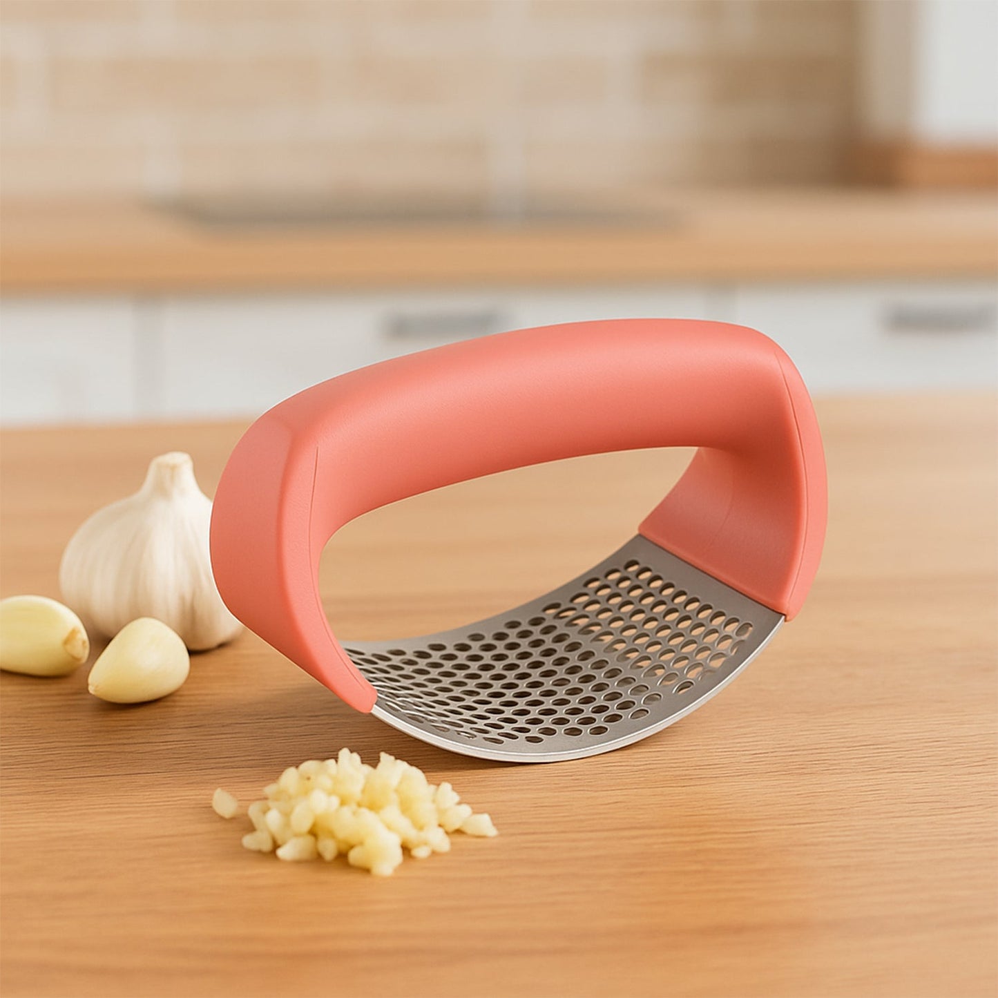 Angled view of premium curve garlic press for easy mincing