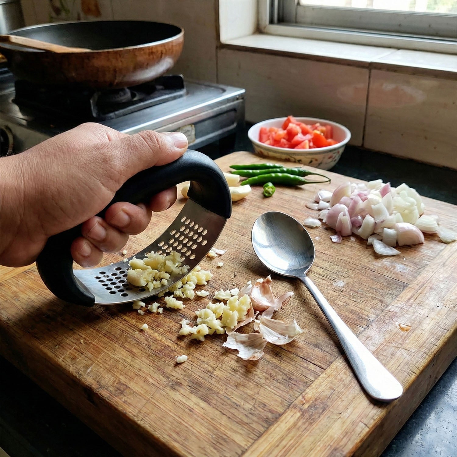 Spoon designed for easy scooping and spreading of crushed garlic