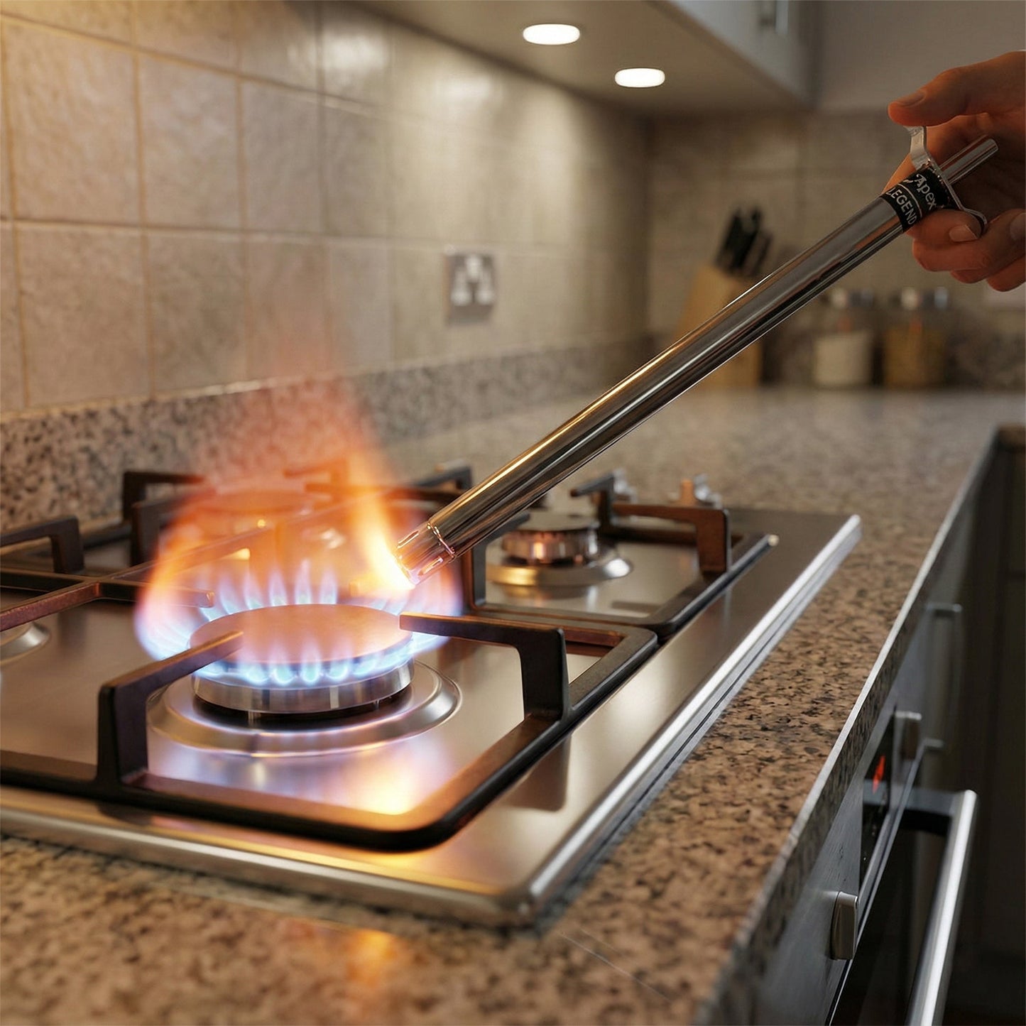 Extended 1.5-foot reach of stainless steel gas stove lighter shown