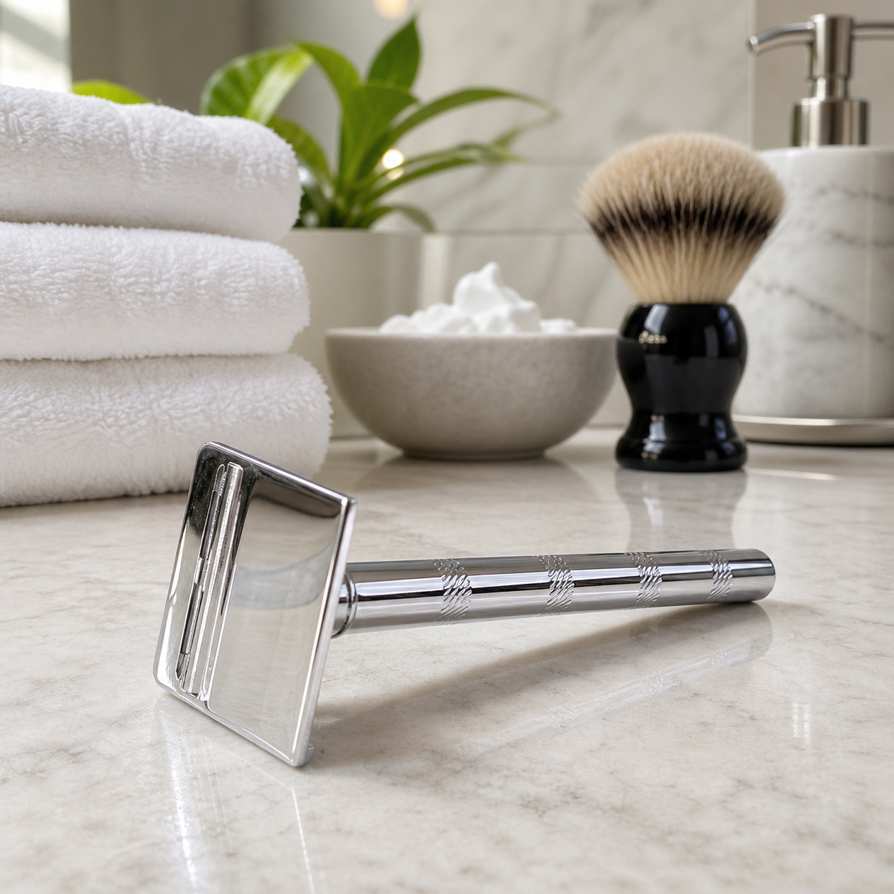 Close-up of wet shave safety razor with stainless steel design