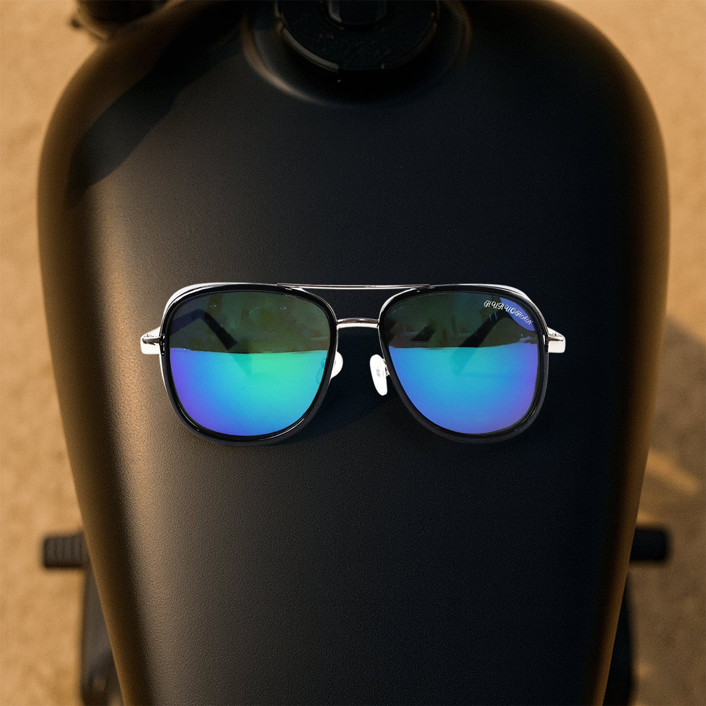 Close-up of premium metal frame on polarized aviator sunglasses