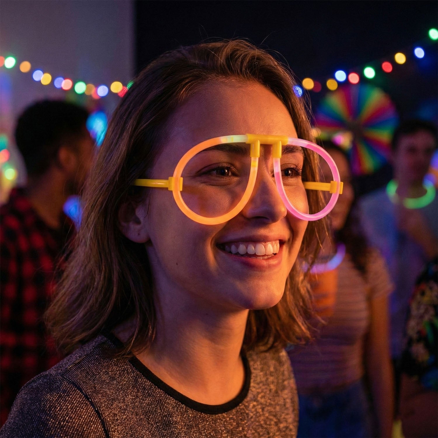 Neon light party glasses glowing in vibrant colors