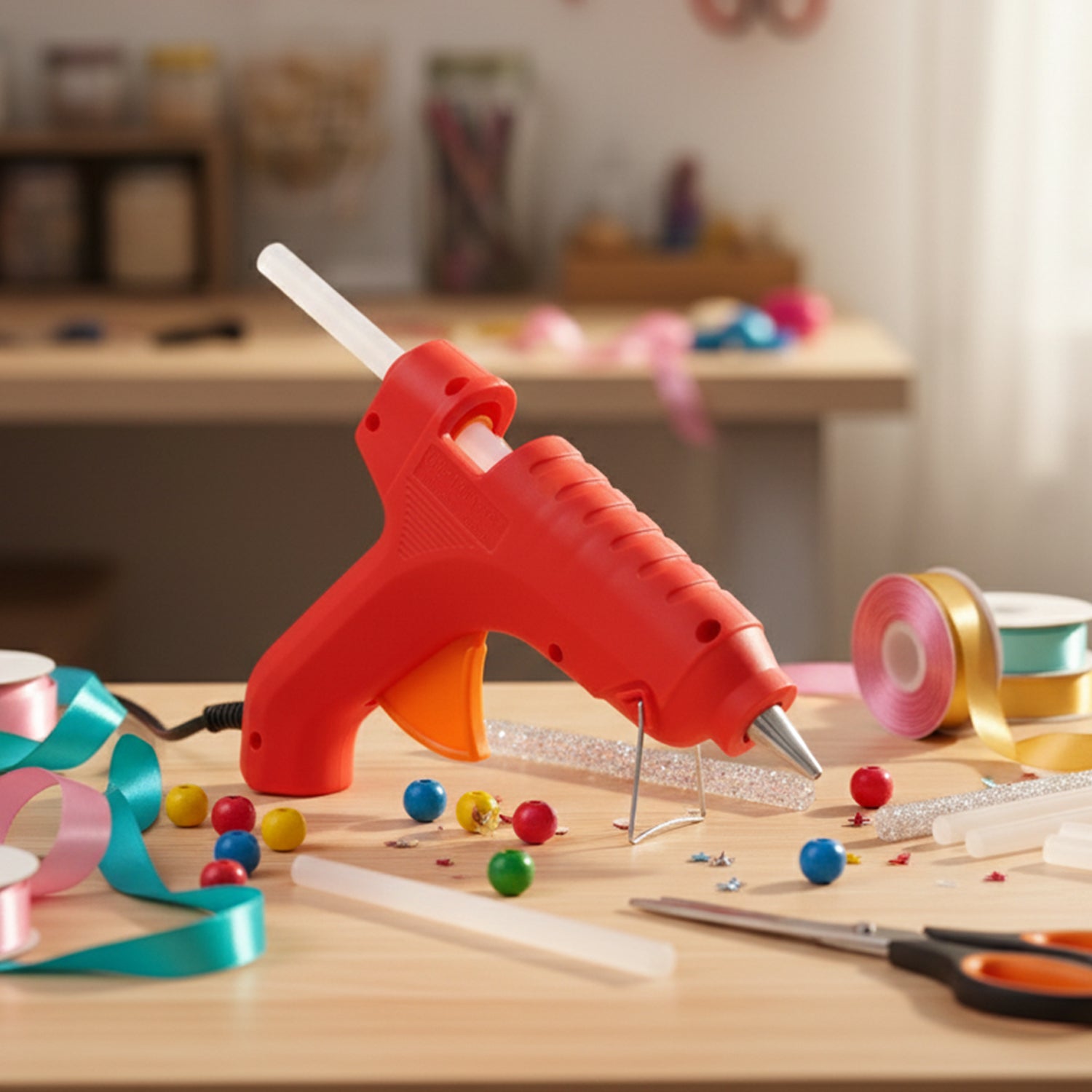 Premium glue gun resting on metal stand for mess-free use