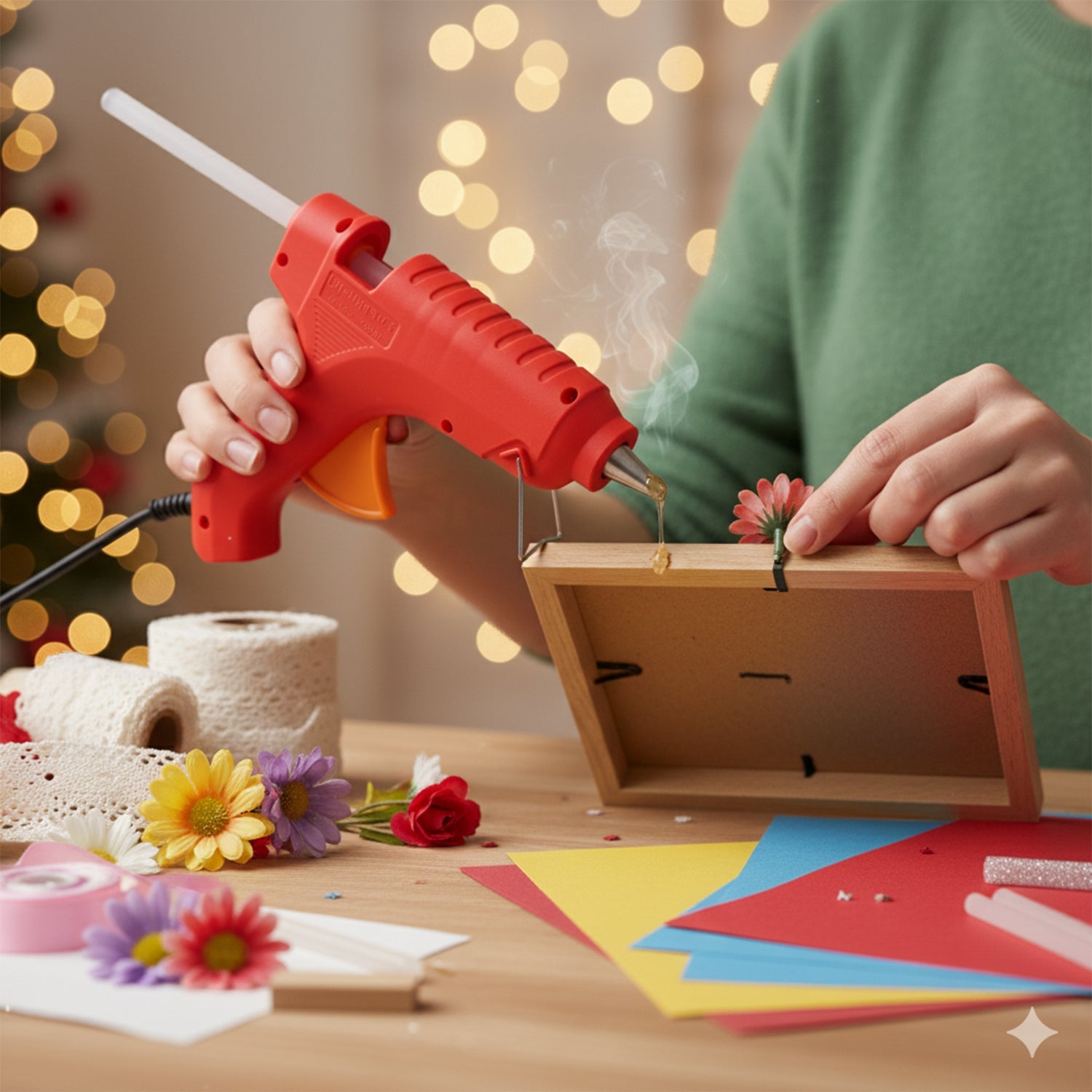 Close-up of electric hot glue gun ready for crafts and repairs