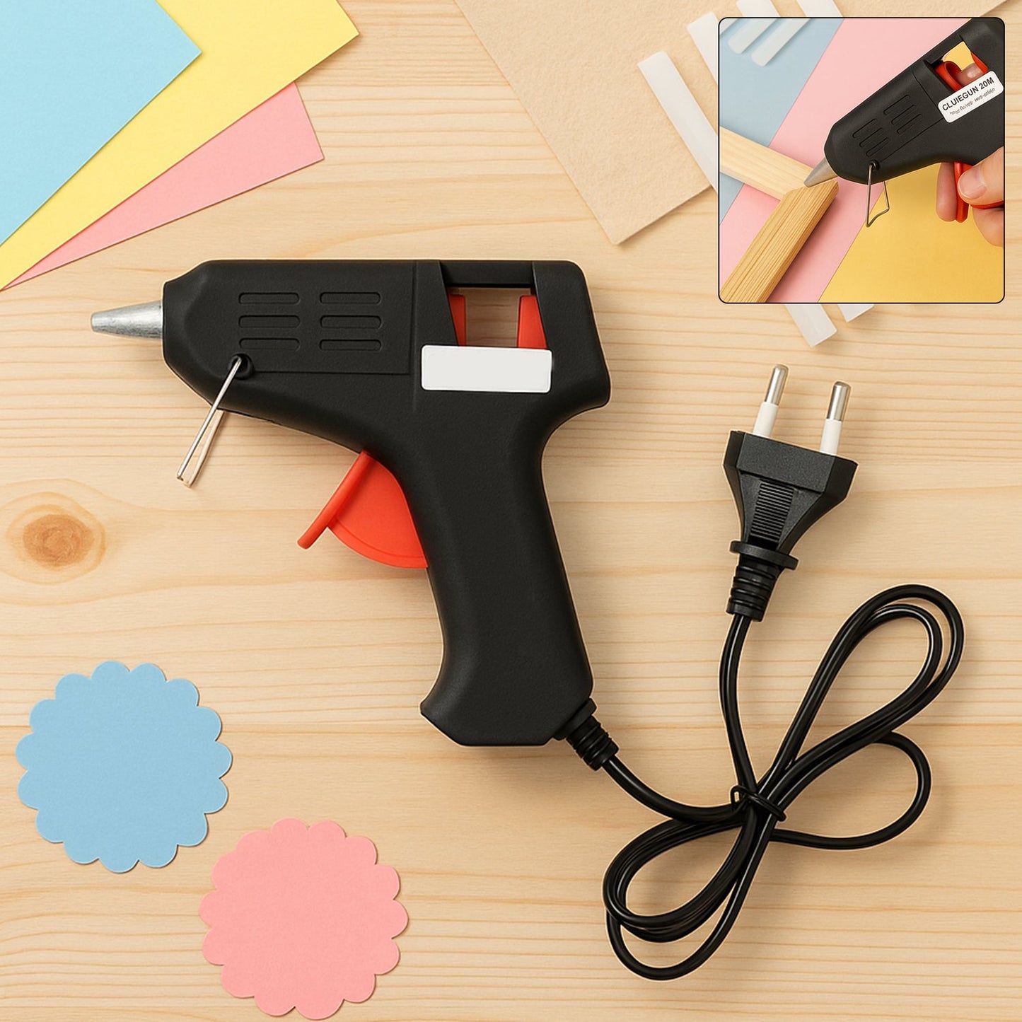 20W hot melt glue gun front view showing ergonomic design and nozzle