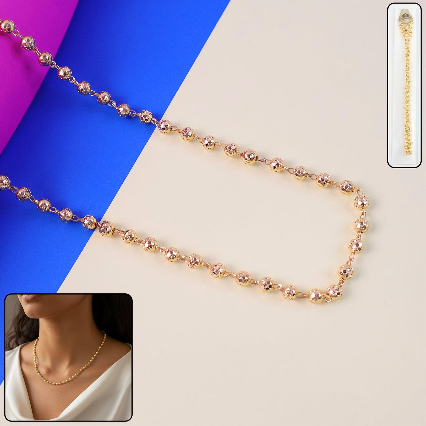 Elegant gold tone beaded necklace chain showcasing smooth round beads
