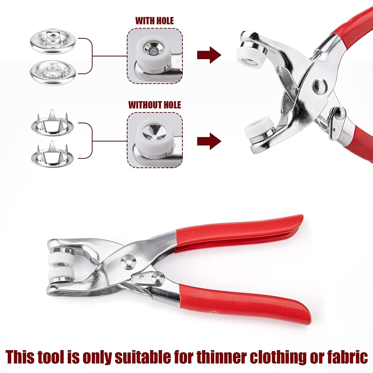 Snap button plier tool placed next to colorful assorted snap button studs