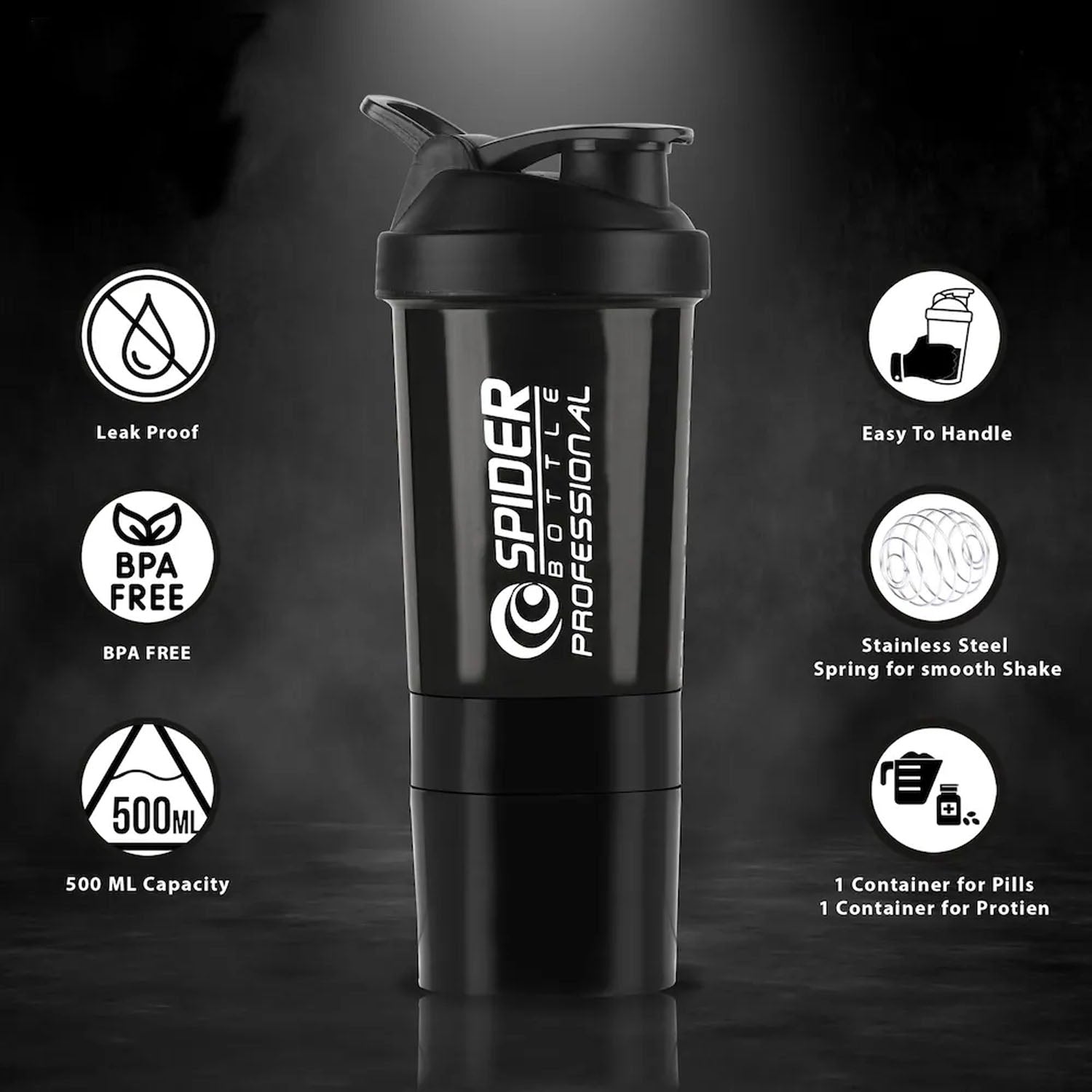 Angled view of gym protein shaker bottle with secure lid