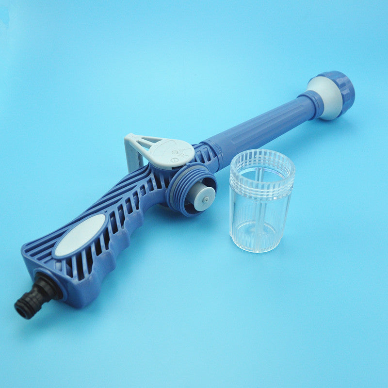 Handheld turbo water spray gun used as a cleaning tool for various surfaces.