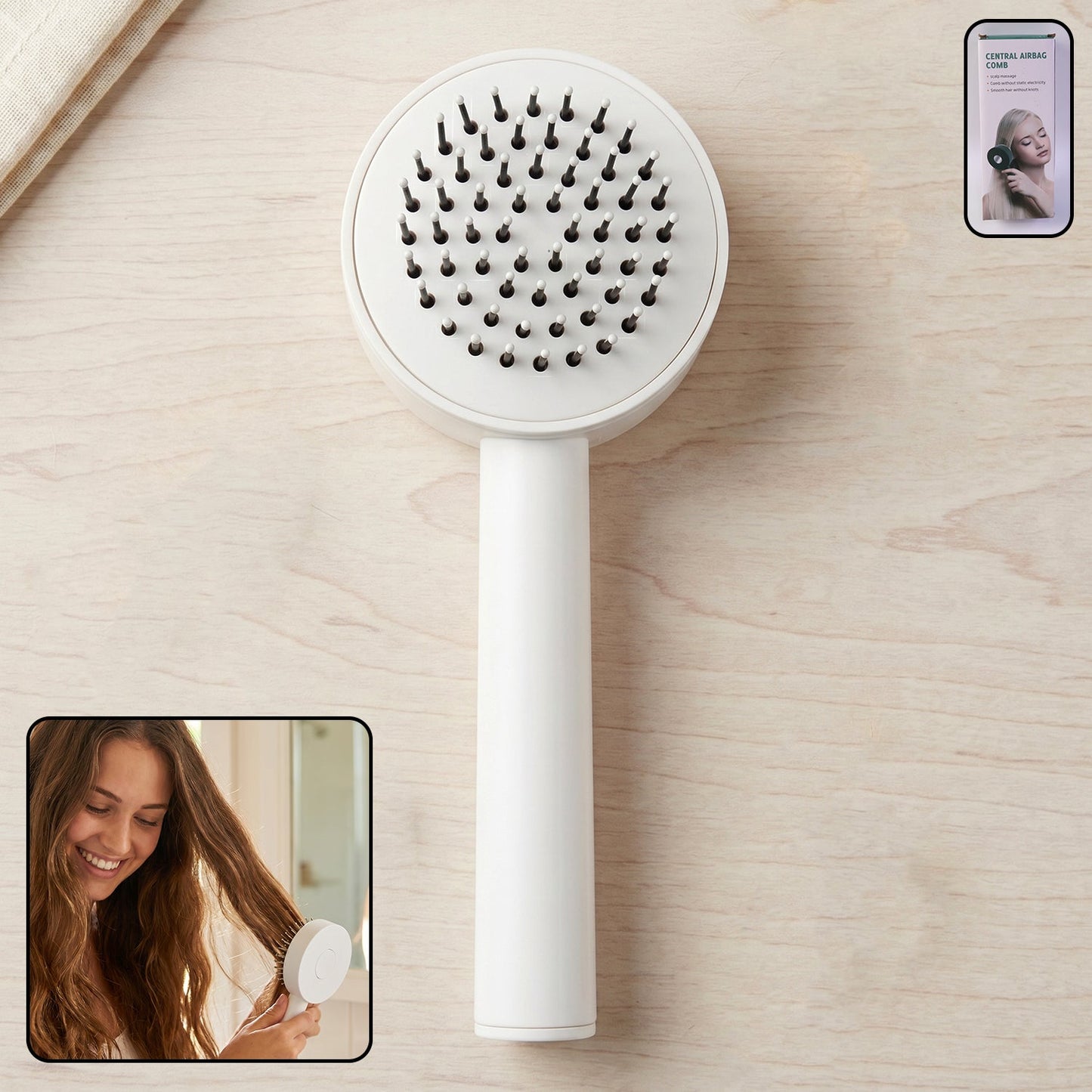 Self-Cleaning Hair Brush with air cushion design for gentle detangling.