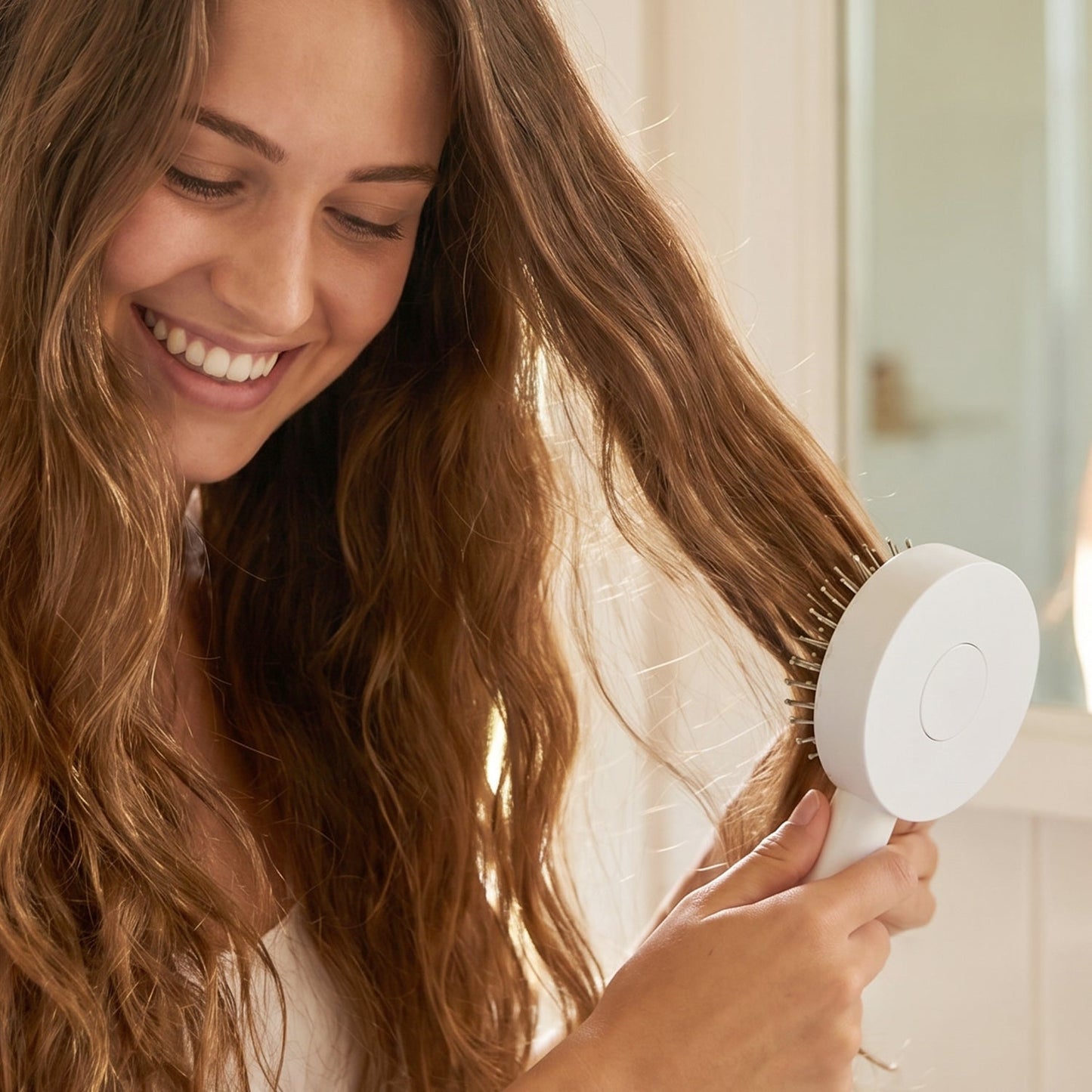 Hand pressing the quick-release button on the Self-Cleaning Hair Brush to remove trapped hair.