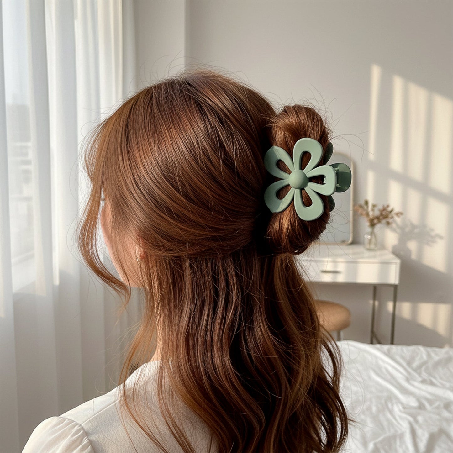 Close-up view of a flower hair claw clip made of durable plastic