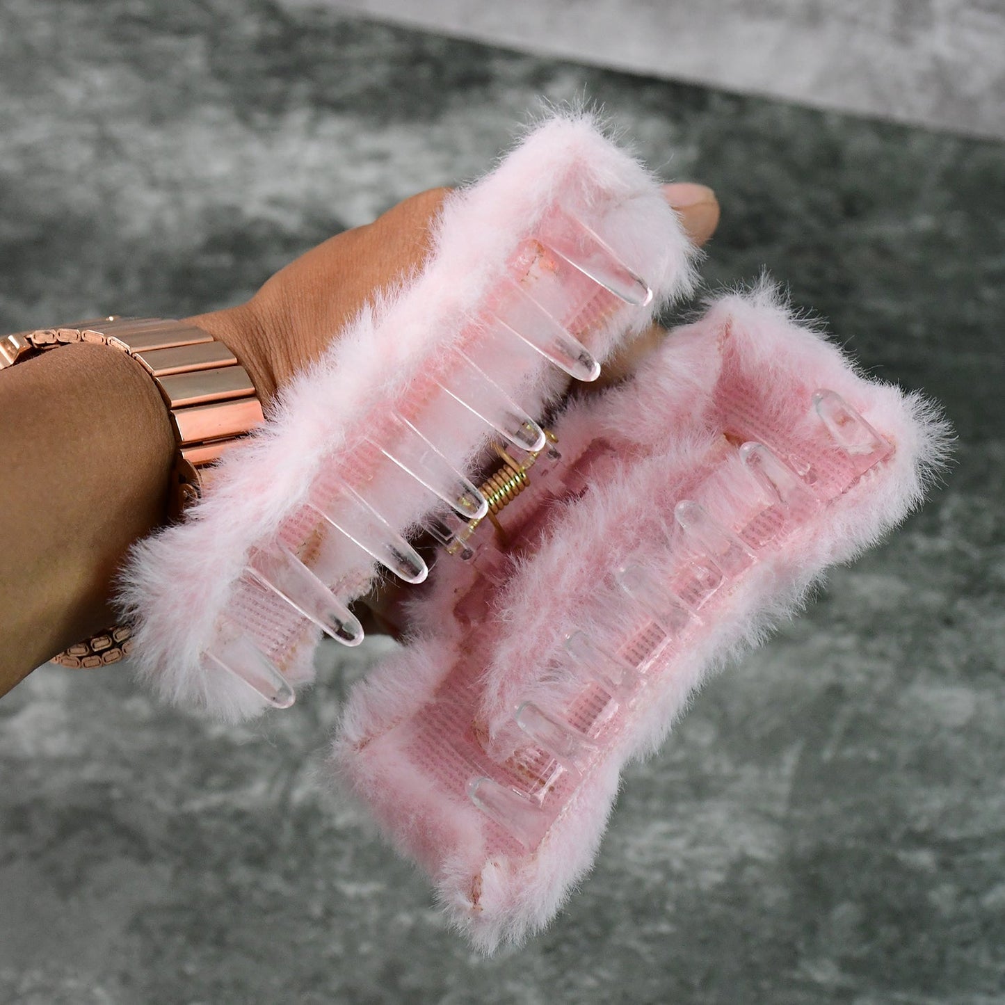 Winter style faux fur hair claw clip providing cozy elegance