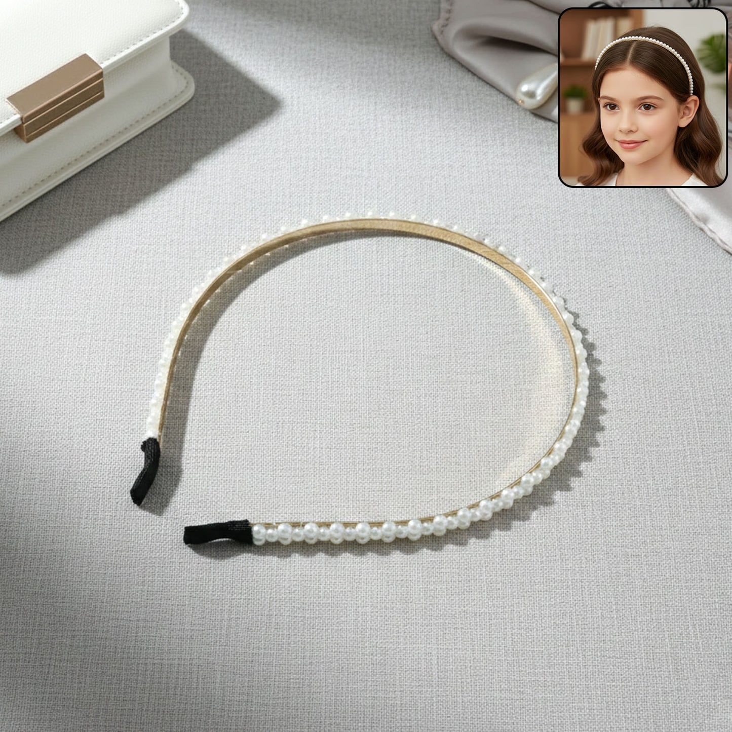 Pearl beaded slim golden metal hair band on white background