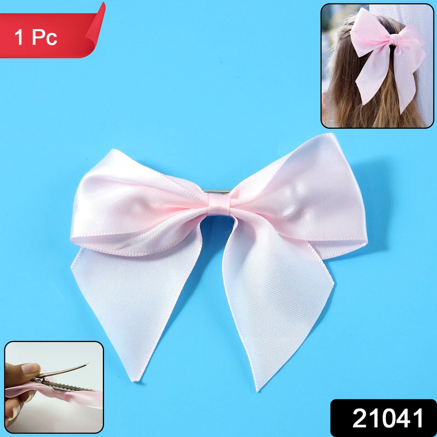 Classic satin hair bow styled with secure metal clip for everyday wear