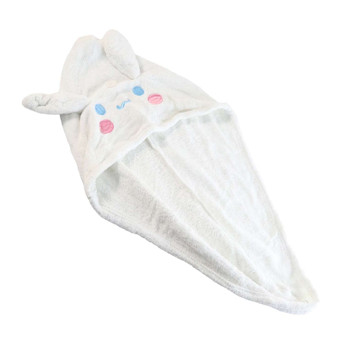 Hooded hair drying cap secured with button loop for easy use