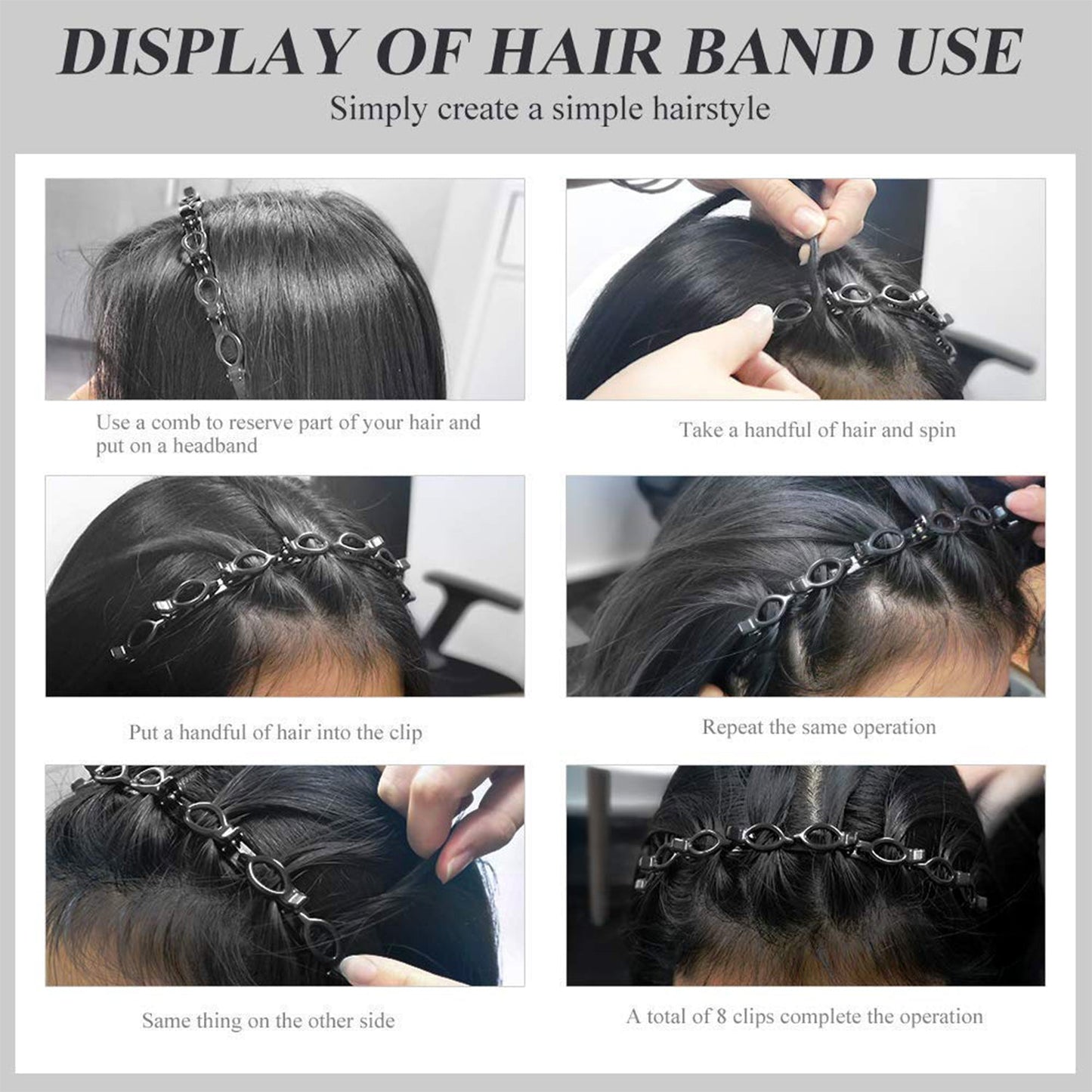 Close-up of flexible clip-on hair styling headband