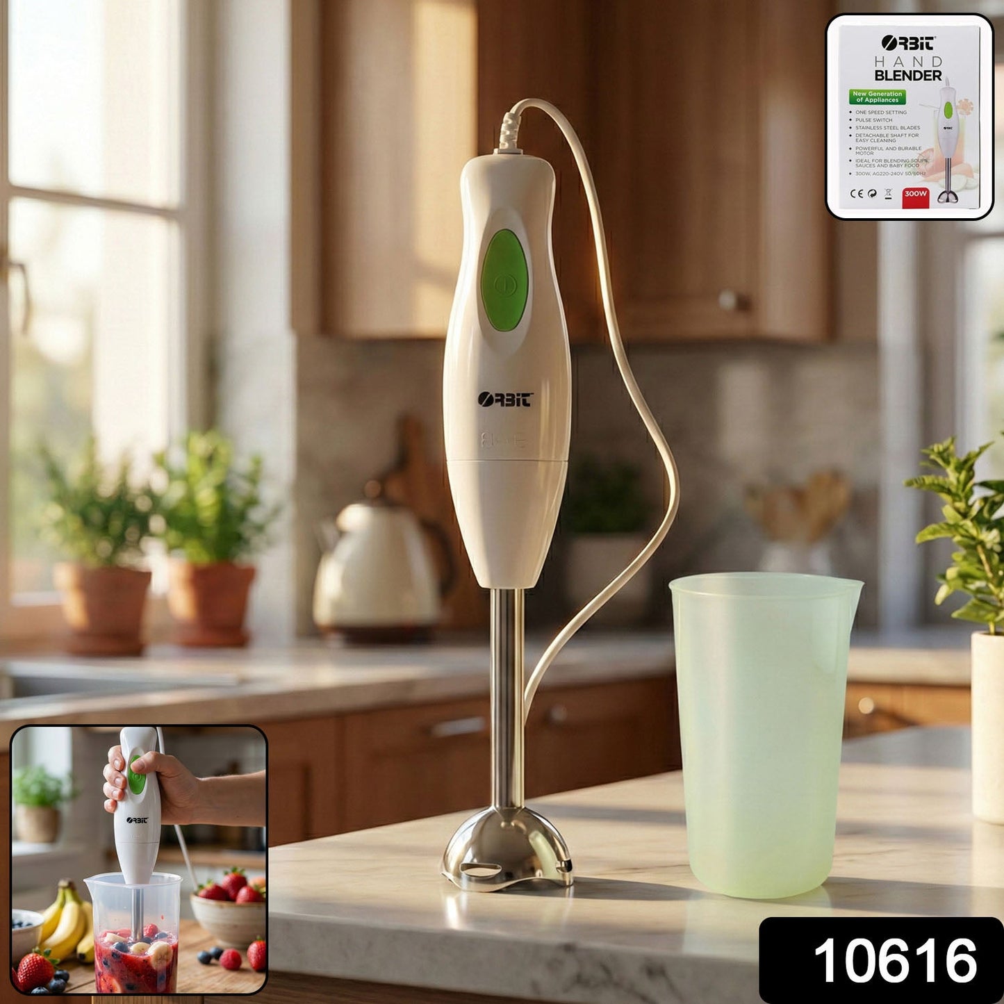 Orbit electric hand blender showing ergonomic handle and stainless steel blade