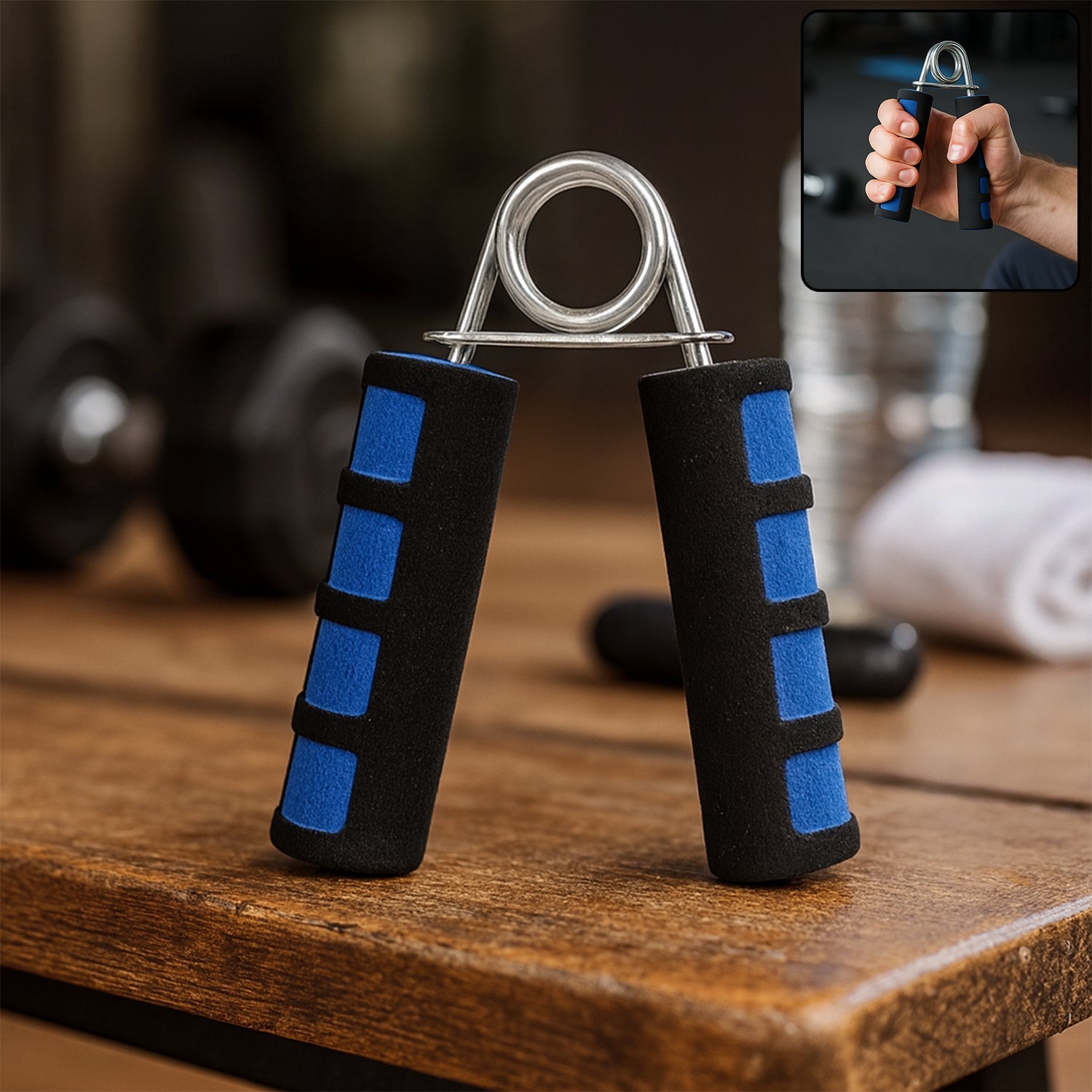 Foam grip hand exerciser with steel spring and foam handles