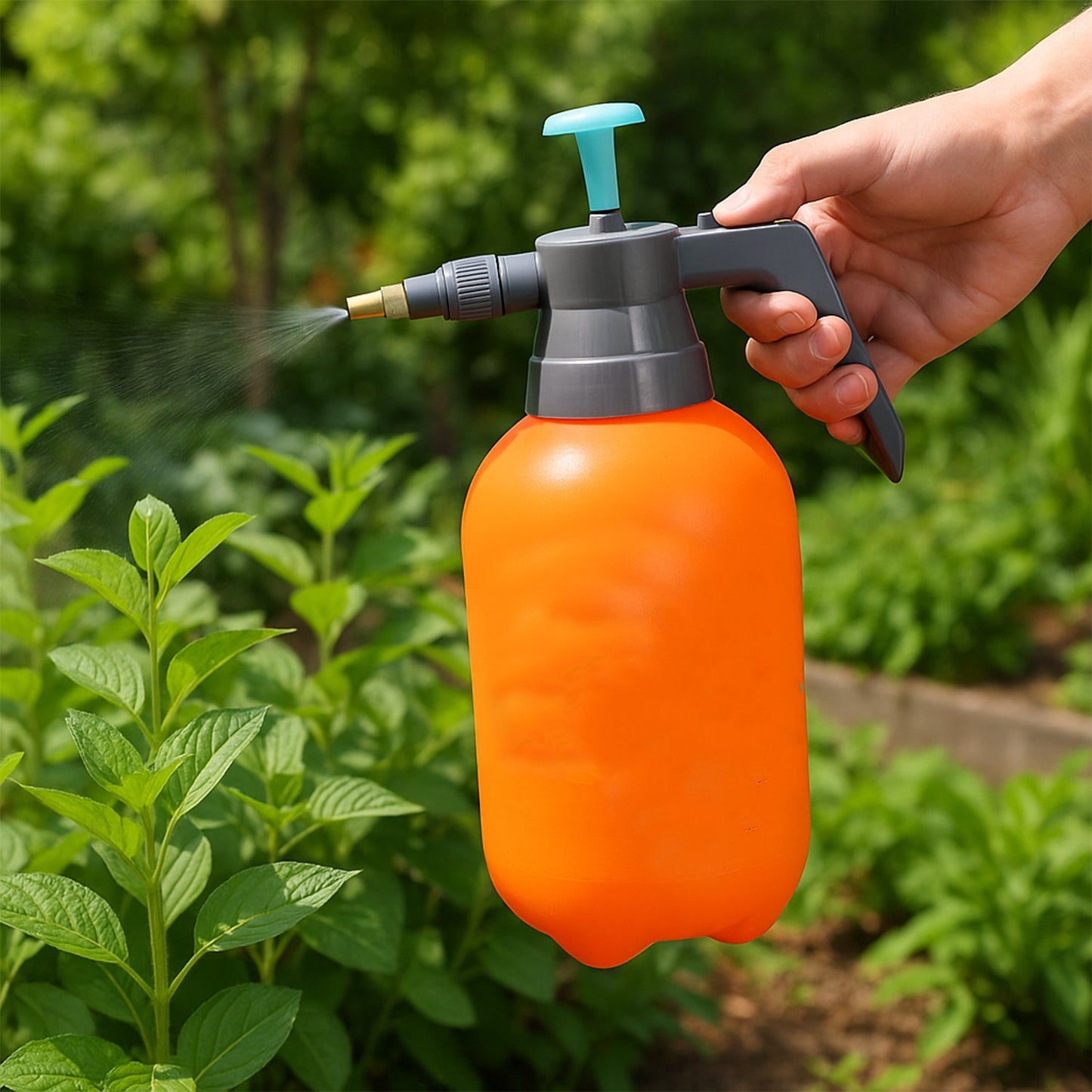 Close-up of the pump handle and spray nozzle on the garden pressure sprayer.