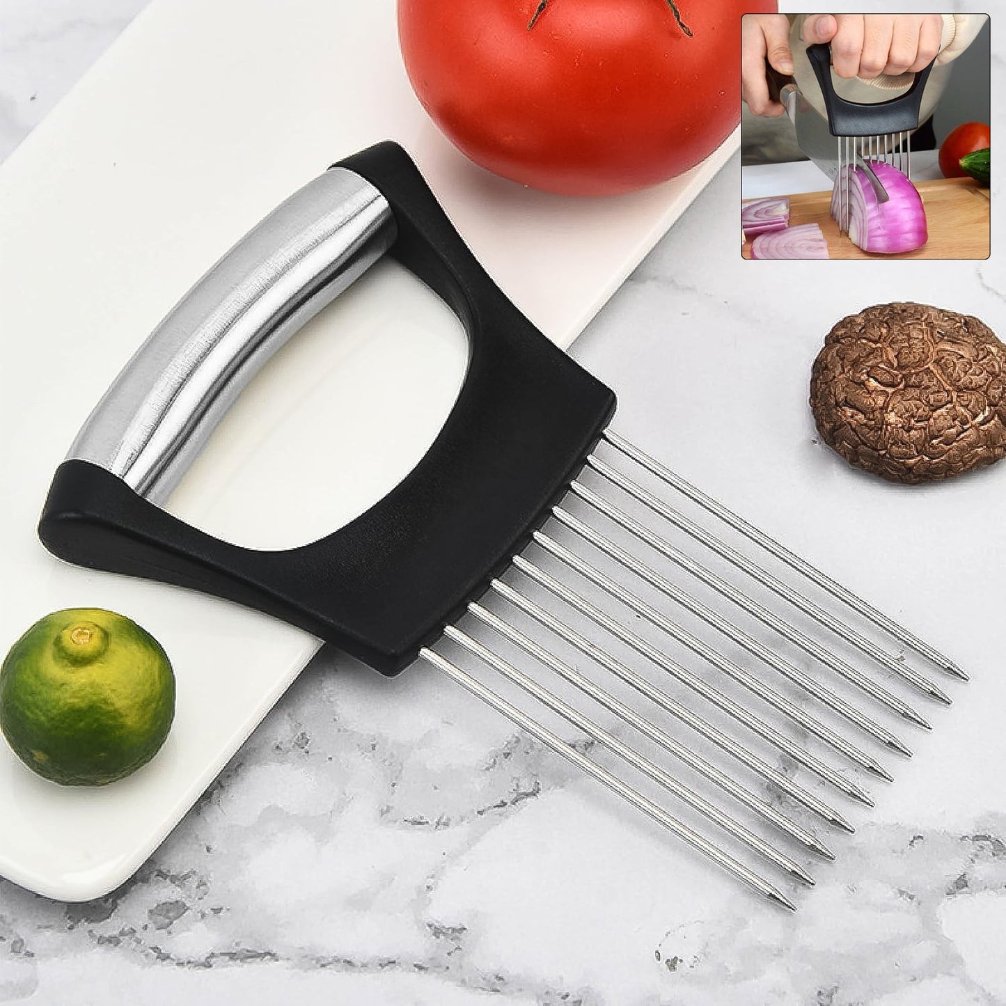 Stainless steel onion cutter with sturdy prongs and grip handle