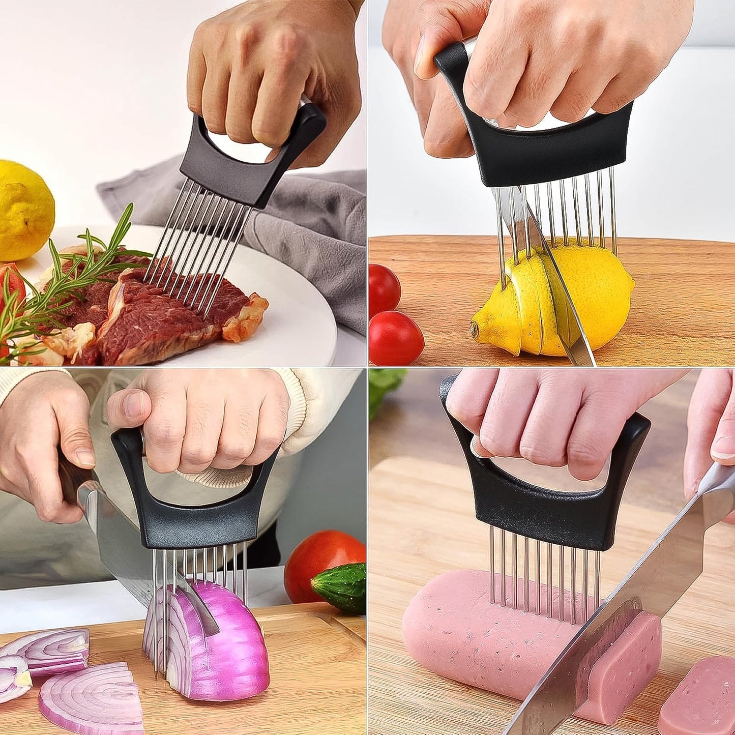 Vegetable holder with stainless steel onion slicer tool