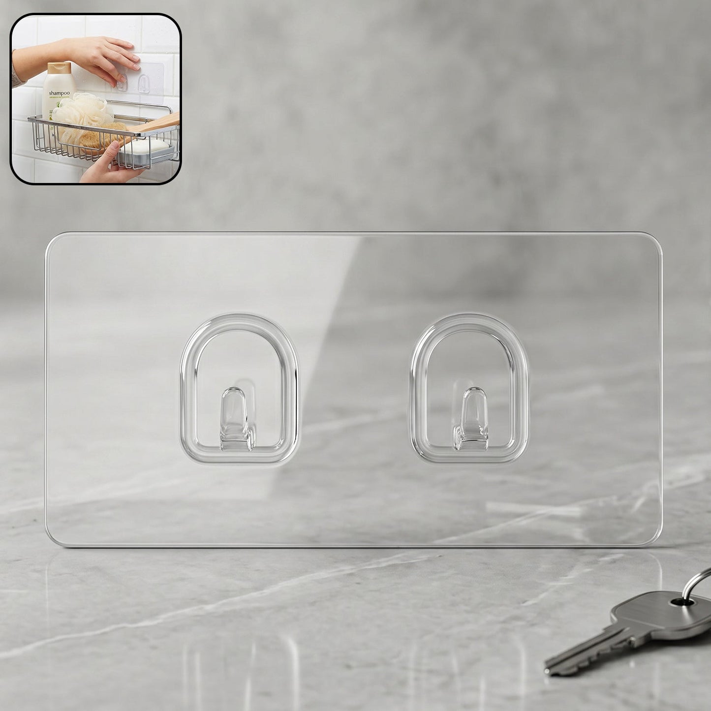 Transparent self-adhesive double wall hook on smooth surface