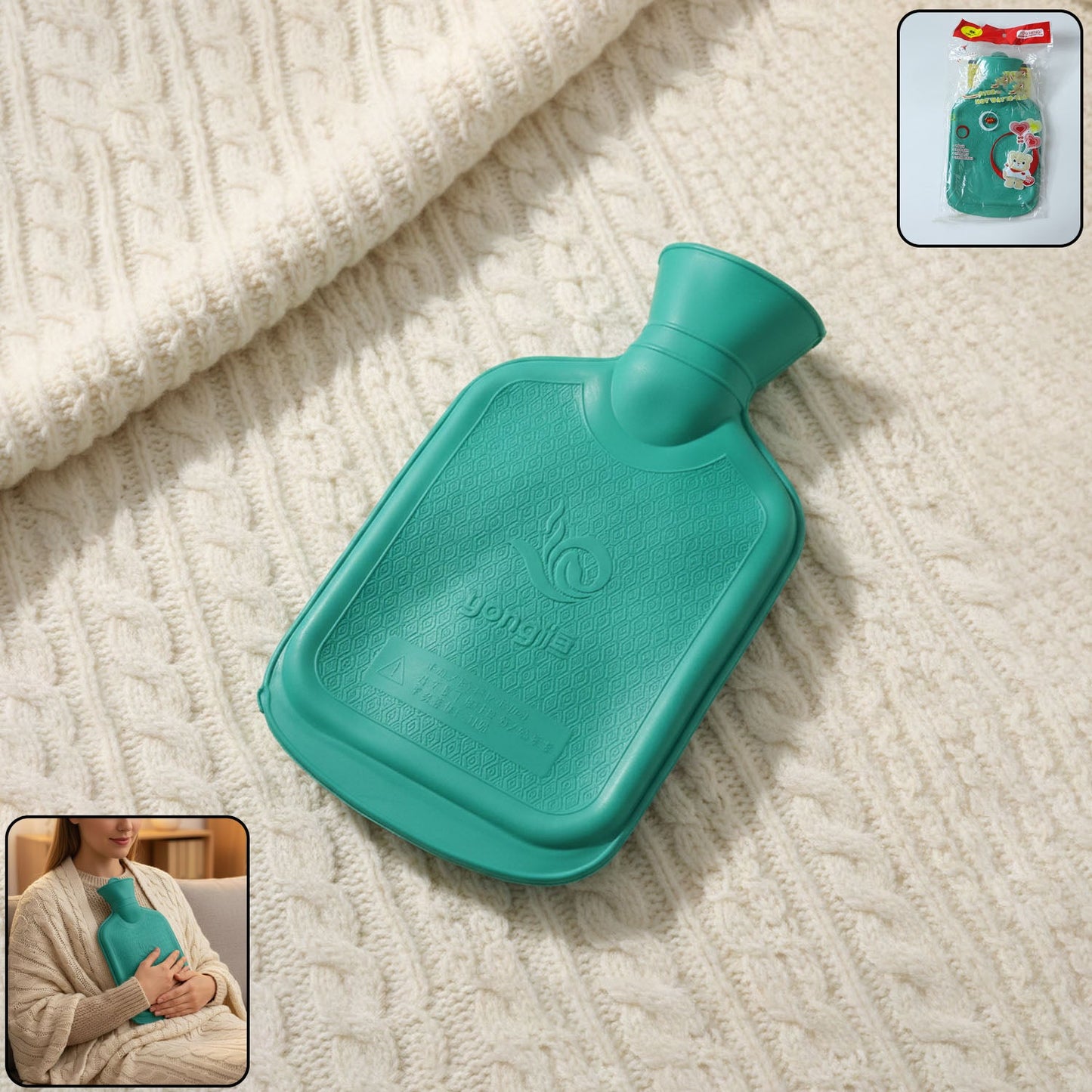 Reusable hot water bottle with textured grip surface for secure handling