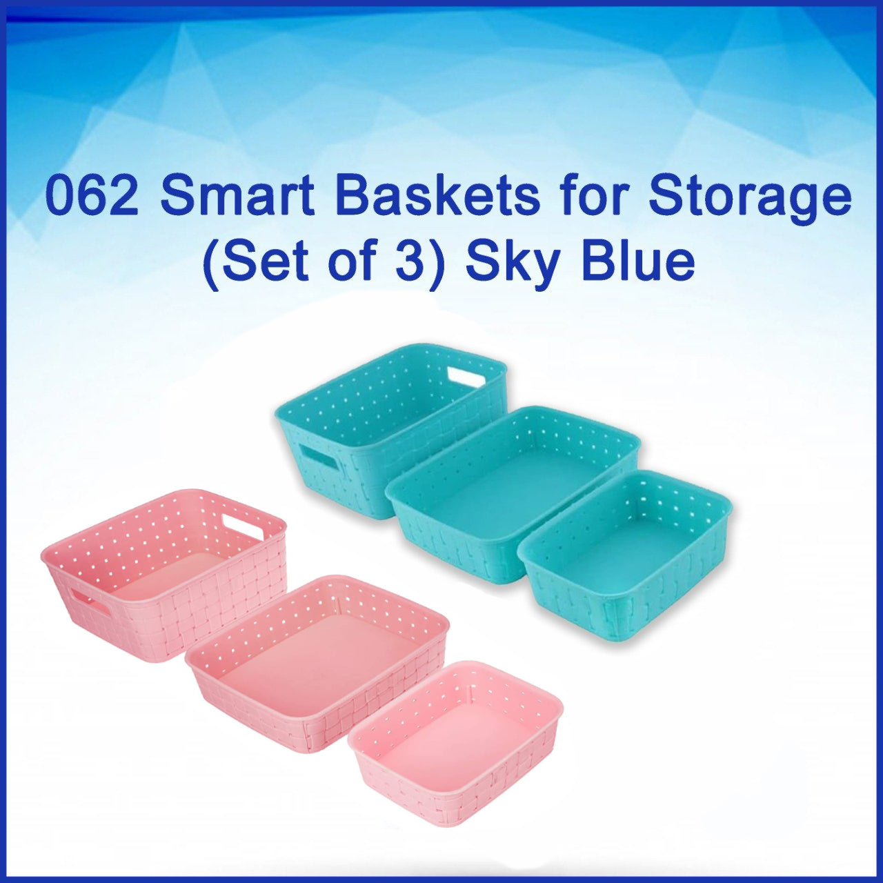 Organized kitchen shelf featuring the sky blue storage baskets.