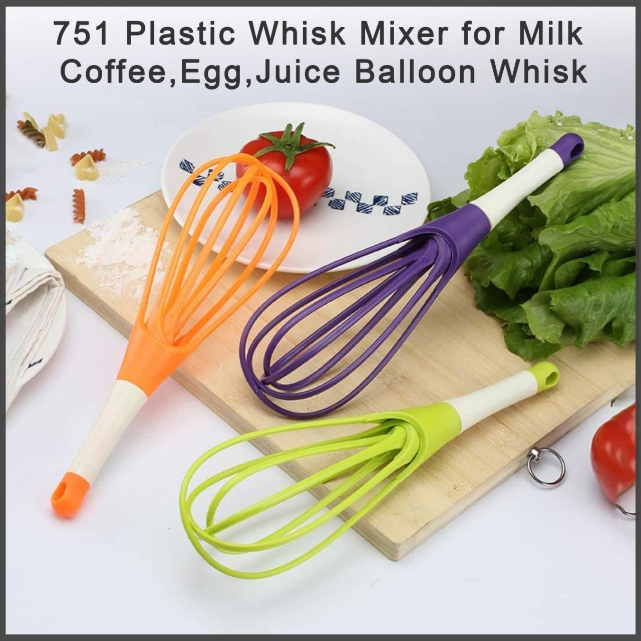 Durable plastic balloon whisk perfectly suitable for egg and juice mixing.