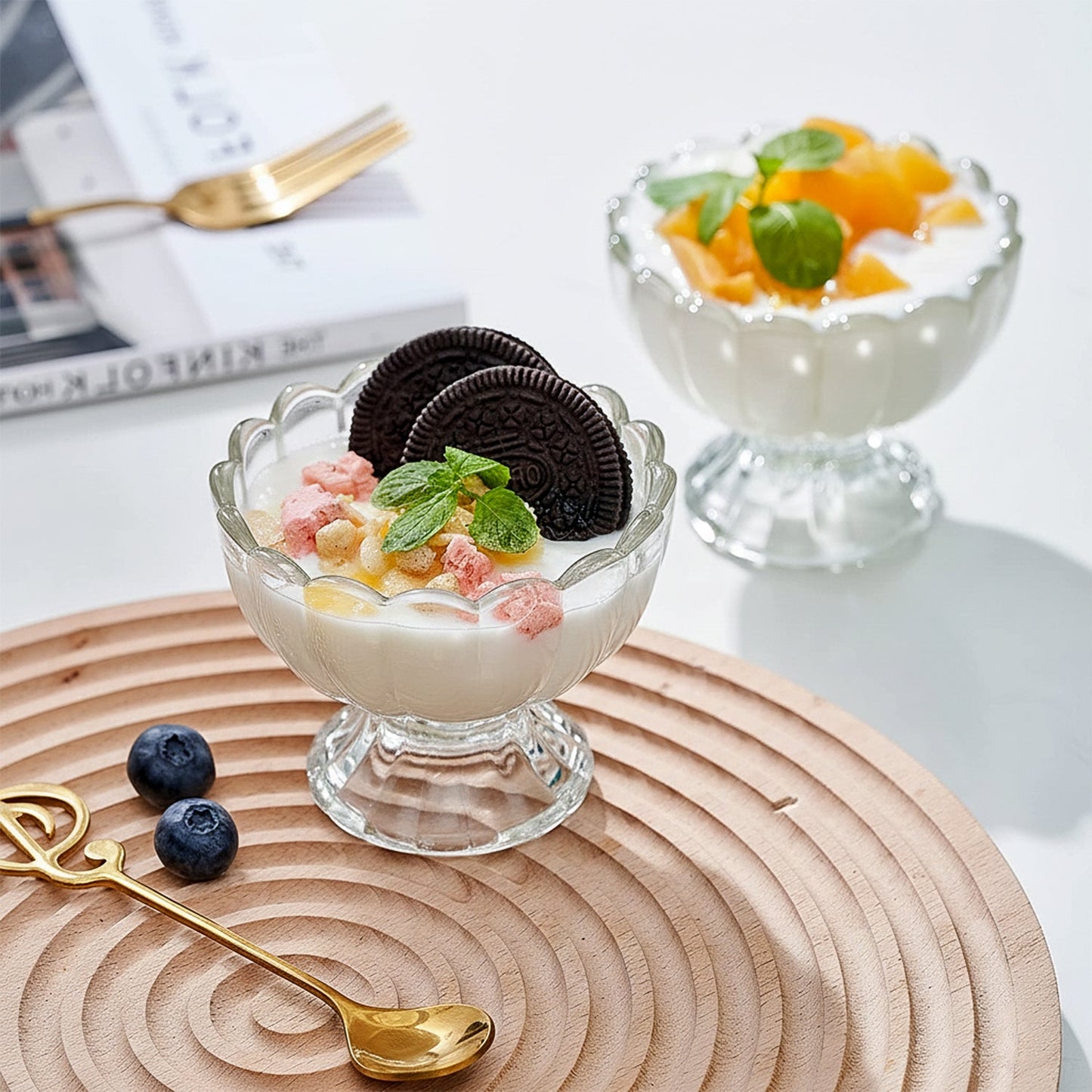 Top-down view of the brown serving dessert bowls in a neat stack.